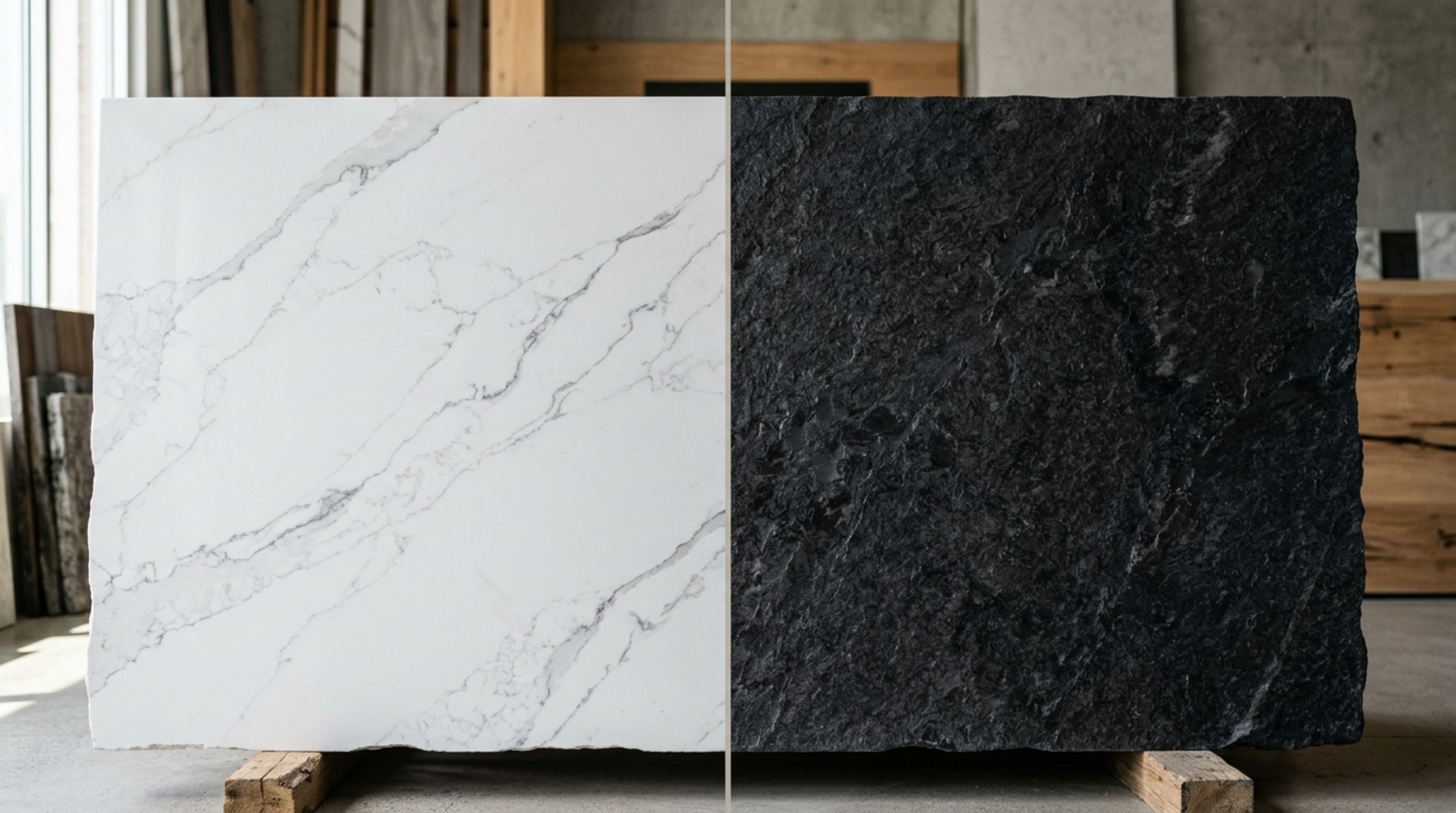quartz vs granite 2013 comparison showing a mitered-edge Calacatta quartz countertop next to a leathered black granite secondary surface