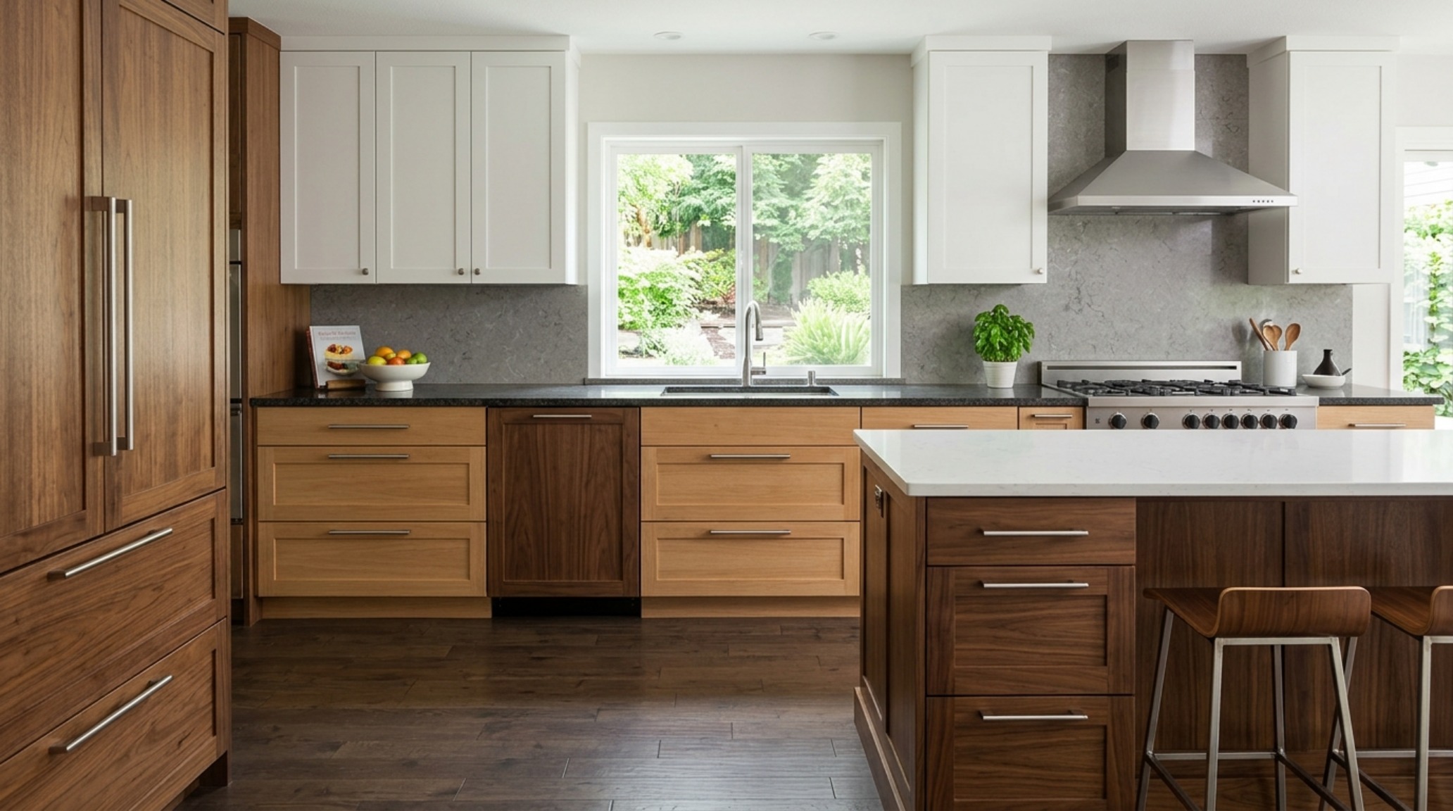 2013 kitchen cabinet trends including deep integrated pot drawers and a custom appliance-panel refrigerator for a seamless look