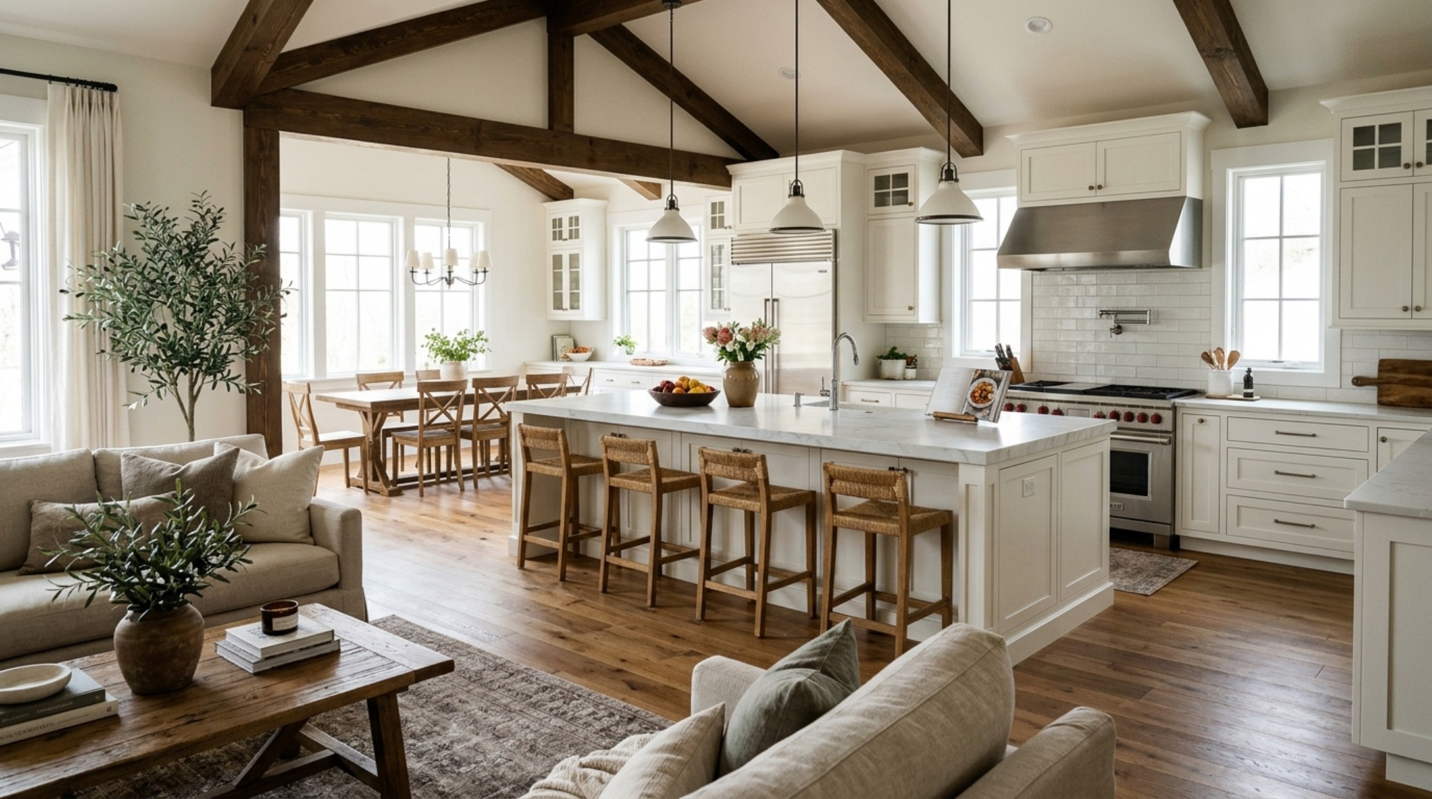 open concept kitchen layouts with a wide-span steel beam construction allowing for uninterrupted sightlines from the kitchen to the dining room