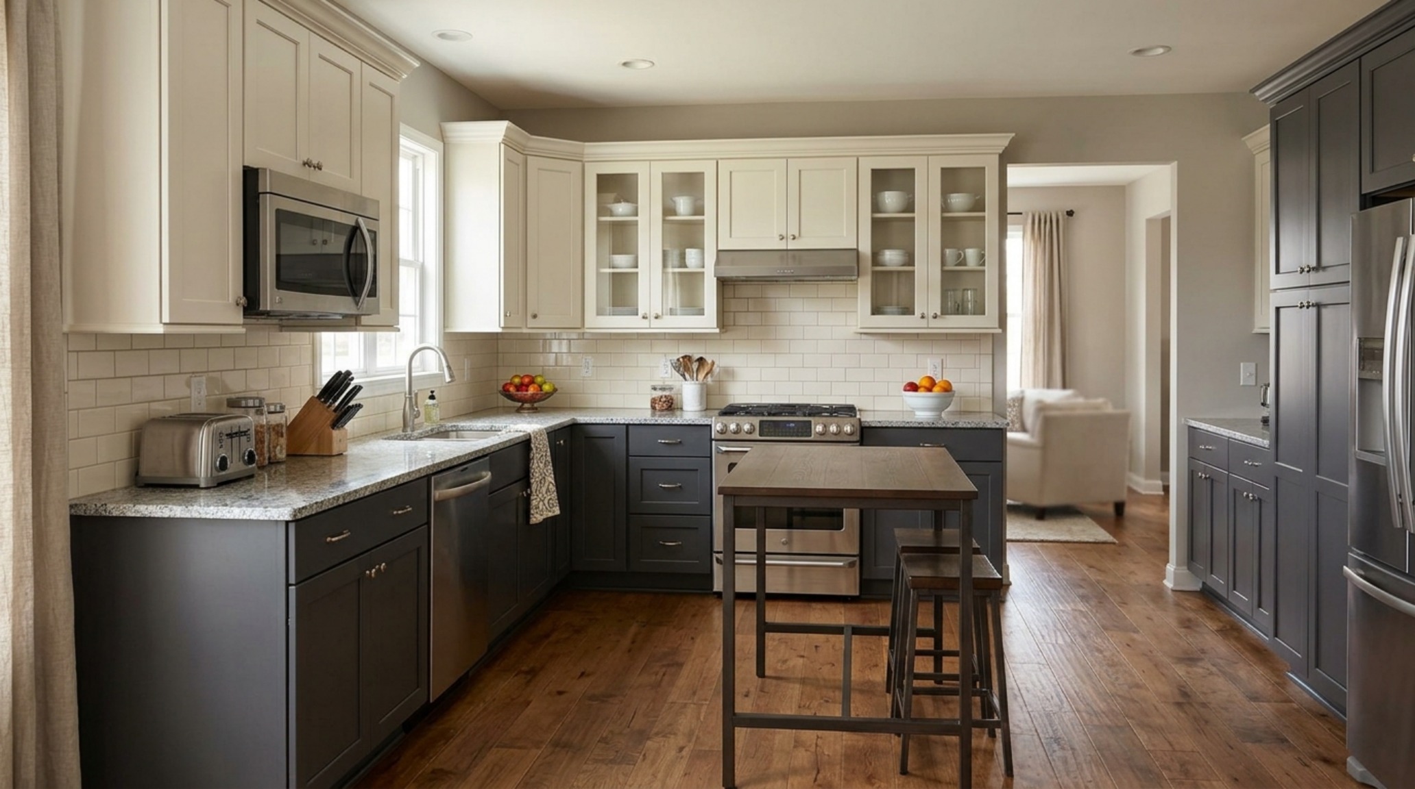 gray kitchen palette ideas using a tuxedo cabinet approach with charcoal base units and warm off-white upper walls