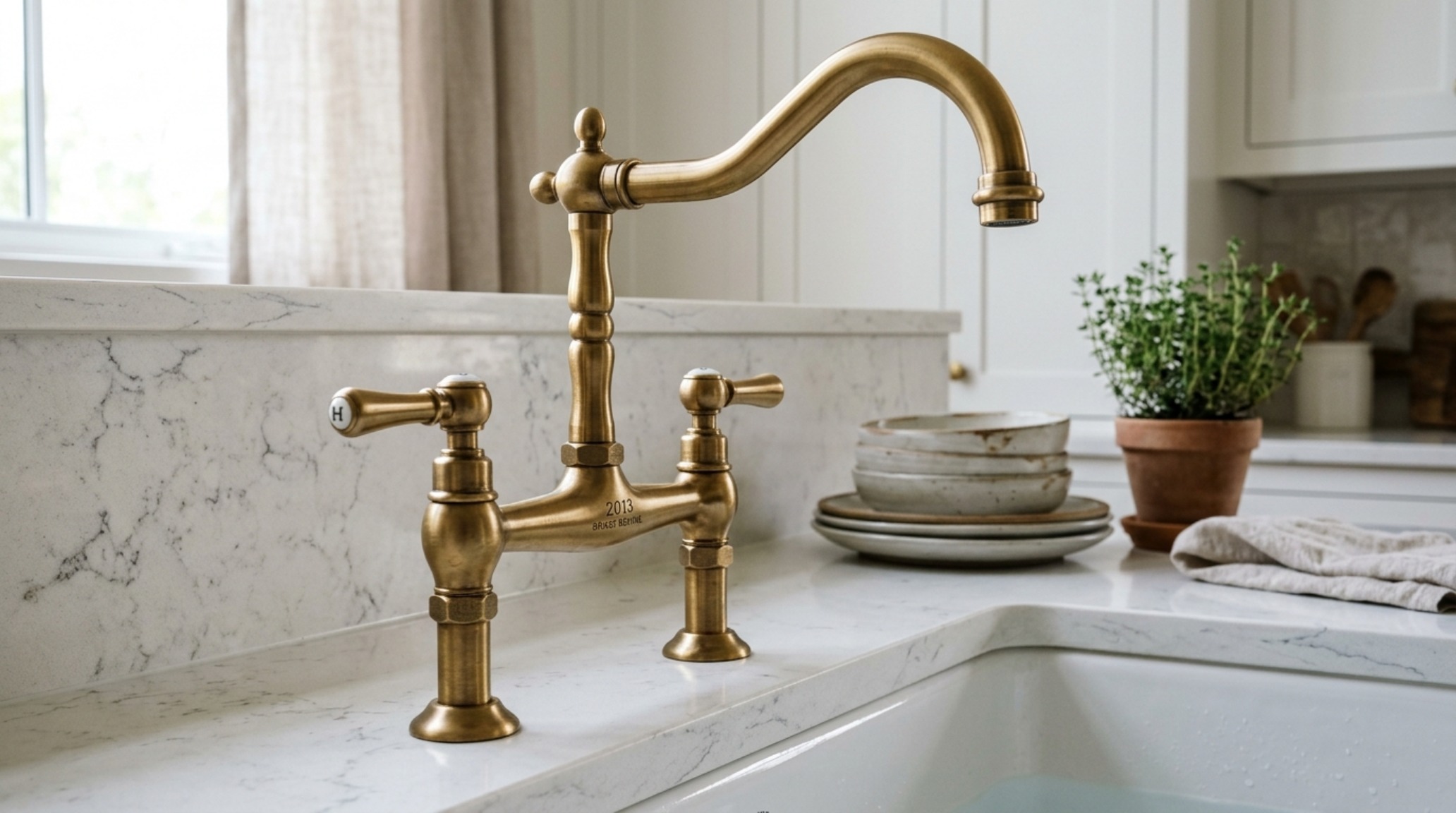 brass hardware revival 2013 featuring a satin gold knurled T-bar handle on a navy blue transitional island