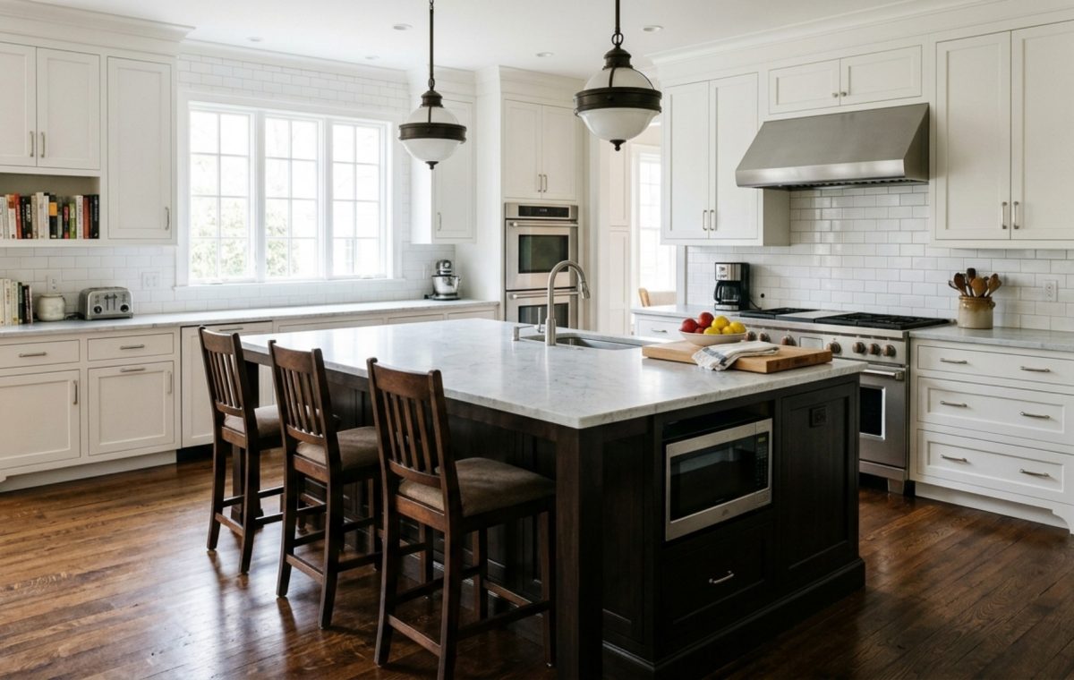 transitional kitchen styling tips featuring white shaker cabinets, a dark wood island, and minimalist black stools under natural daylight