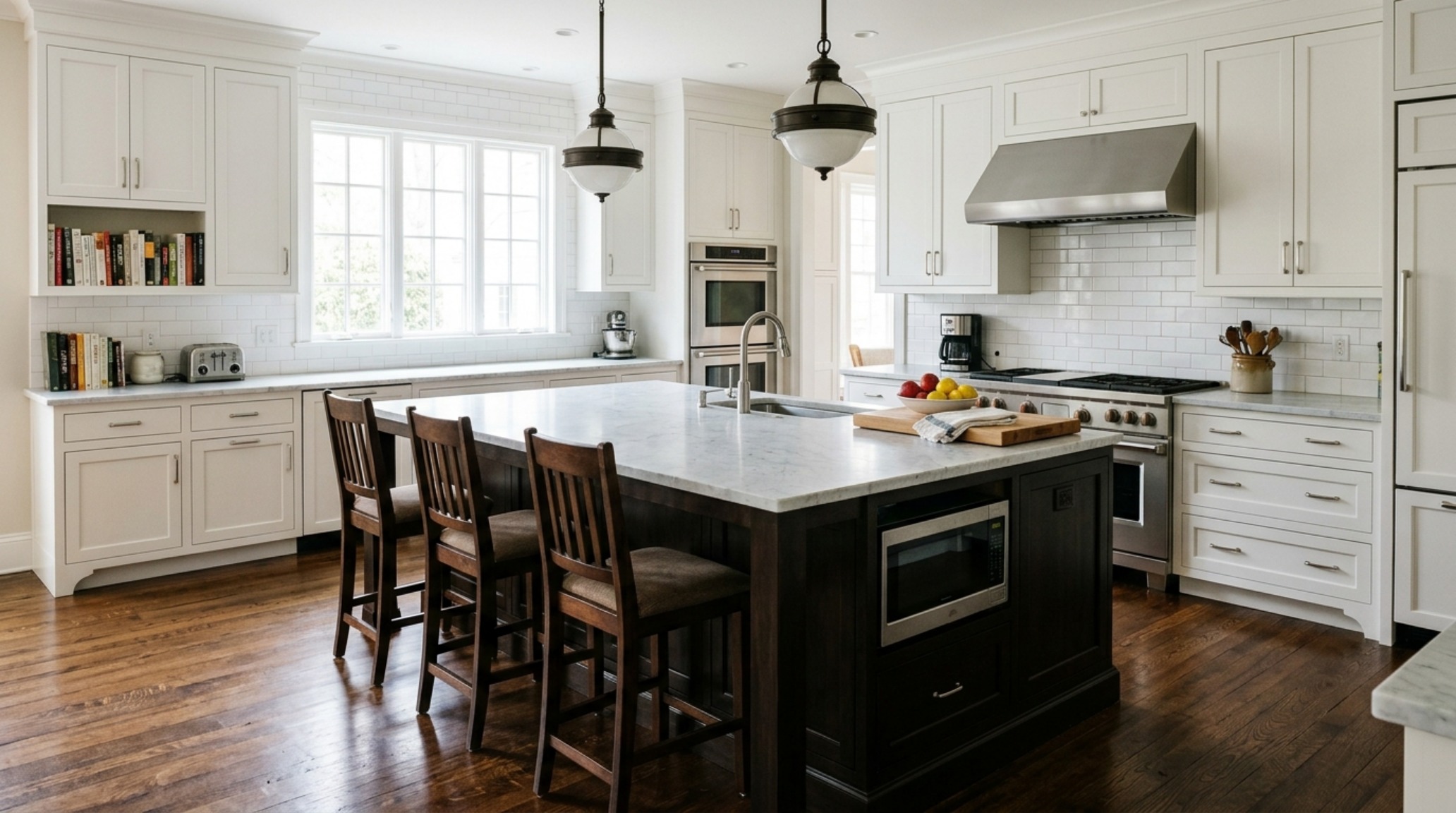transitional kitchen styling tips featuring white shaker cabinets, a dark wood island, and minimalist black stools under natural daylight transitional kitchen styling tips featuring white shaker cabinets, a dark wood island, and minimalist black stools under natural daylight