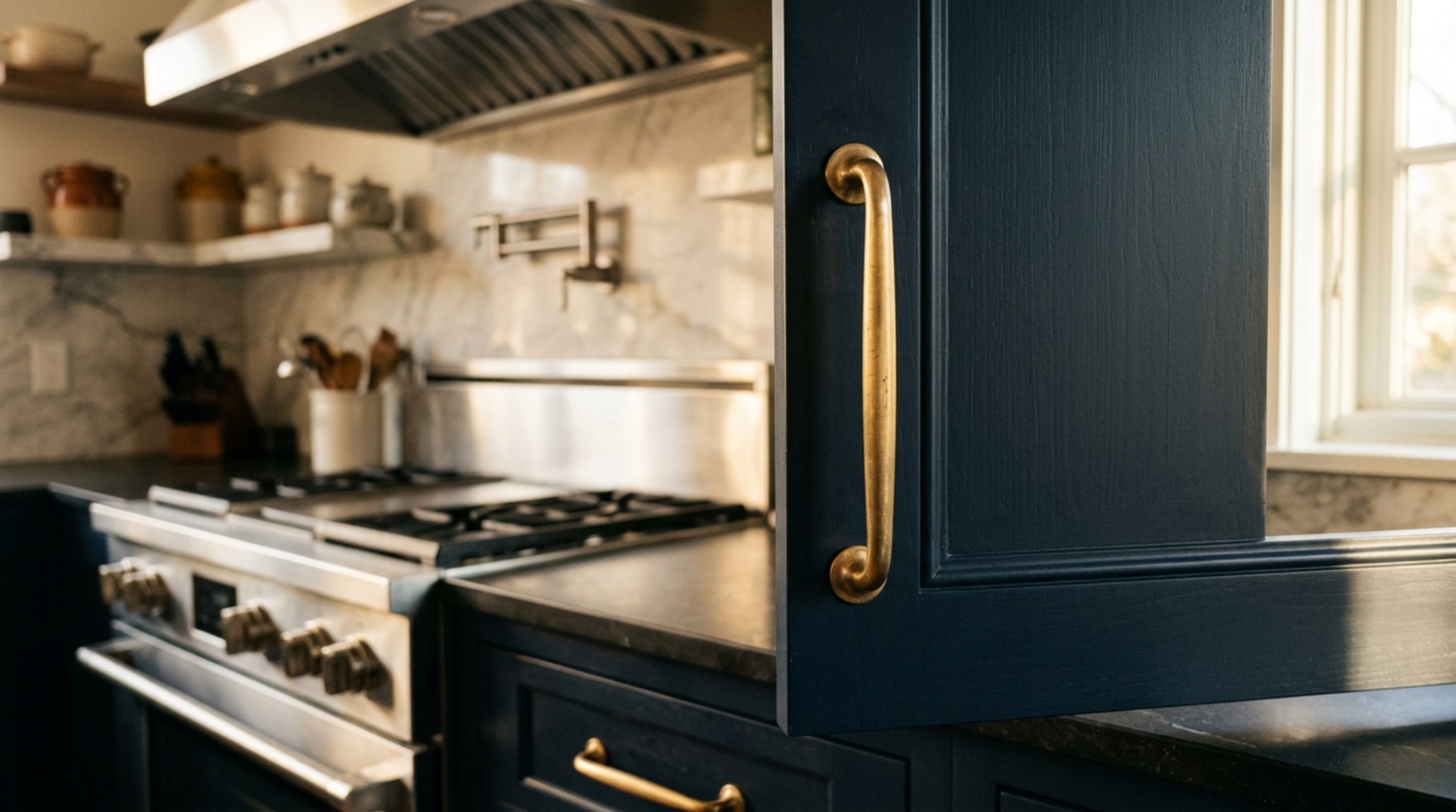brass hardware and mixed metals trend highlighted by satin brass cabinet pulls and a professional-grade stainless steel range brass hardware and mixed metals trend highlighted by satin brass cabinet pulls and a professional-grade stainless steel range