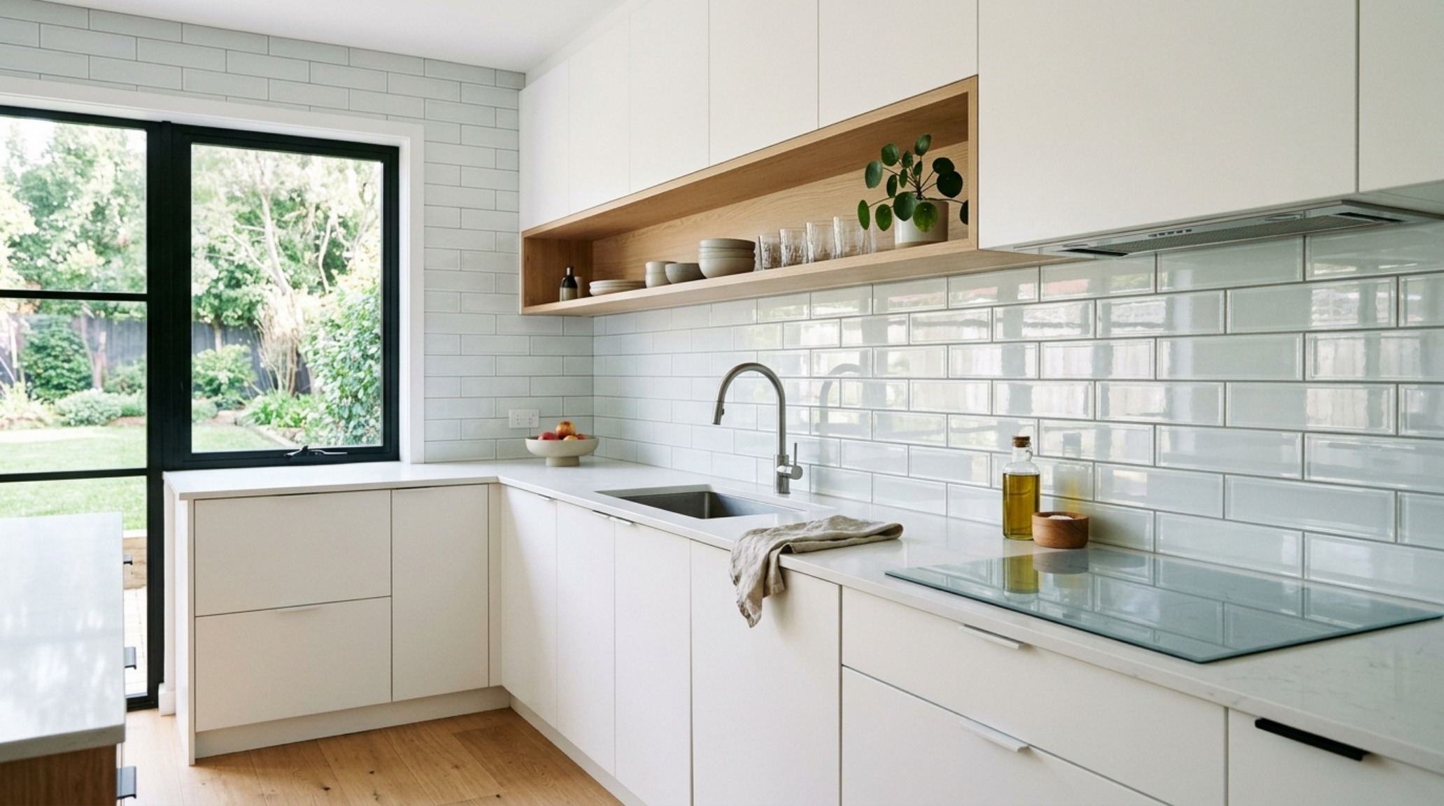 glass backsplash design ideas featuring clear subway tiles with a subtle iridescent finish in a bright transitional kitchen glass backsplash design ideas featuring clear subway tiles with a subtle iridescent finish in a bright transitional kitchen