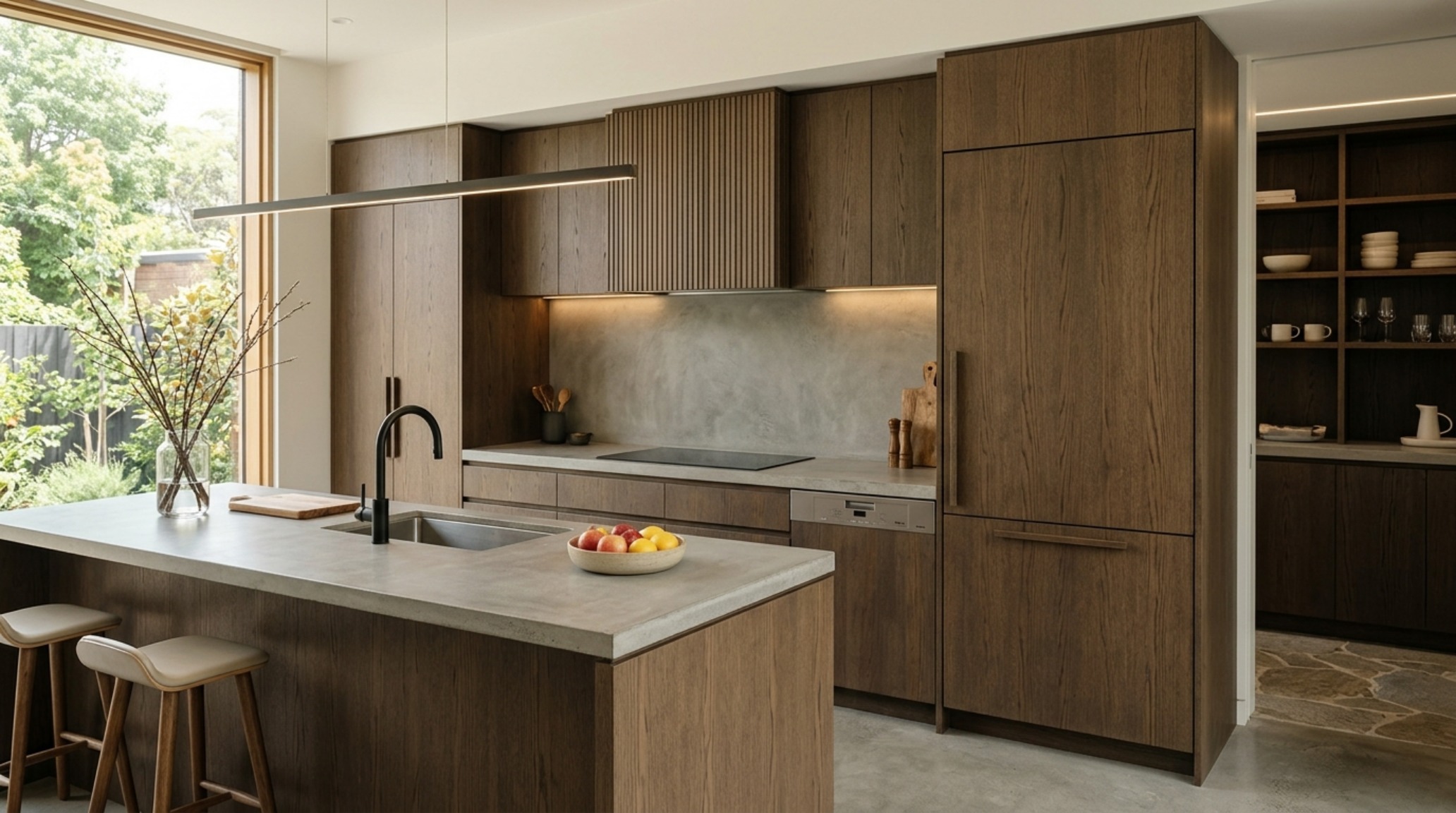 integrated kitchen appliance trends showing a refrigerator perfectly concealed behind white oak cabinetry panels for a seamless look integrated kitchen appliance trends showing a refrigerator perfectly concealed behind white oak cabinetry panels for a seamless look