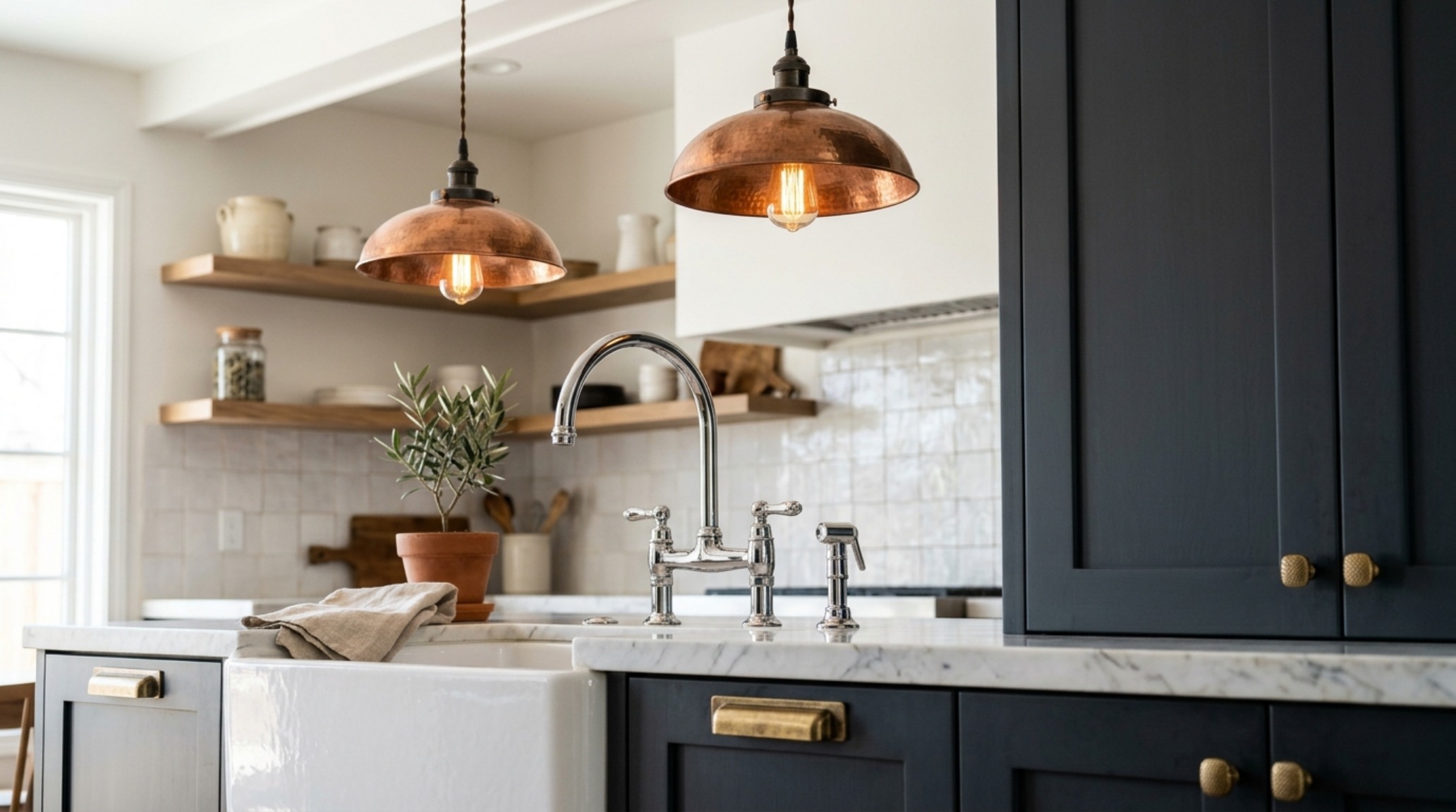 brass hardware and mixed metals trend using oversized gold-toned pendant lights over a white quartz island with gray base brass hardware and mixed metals trend using oversized gold-toned pendant lights over a white quartz island with gray base
