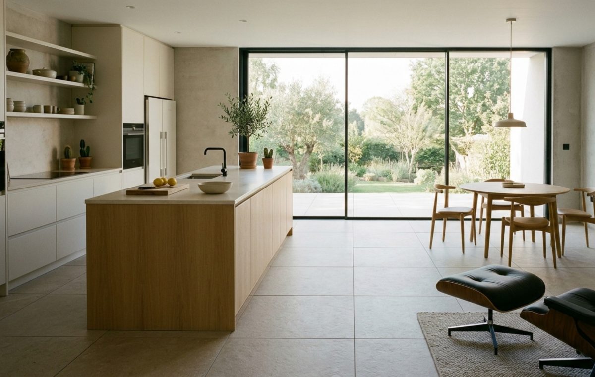 Large format porcelain floor slabs in a minimalist kitchen with honed limestone texture and 1/16-inch grout lines creating a seamless architectural plane.