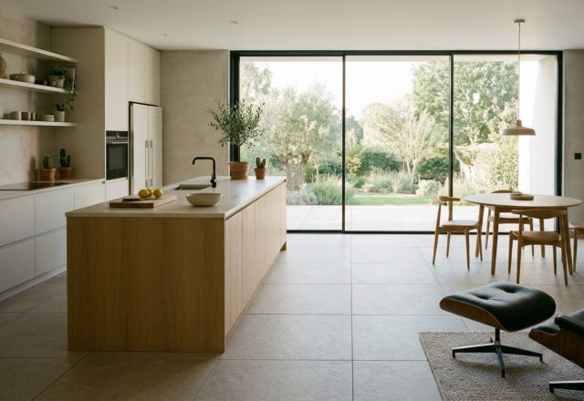 Large format porcelain floor slabs in a minimalist kitchen with honed limestone texture and 1/16-inch grout lines creating a seamless architectural plane.