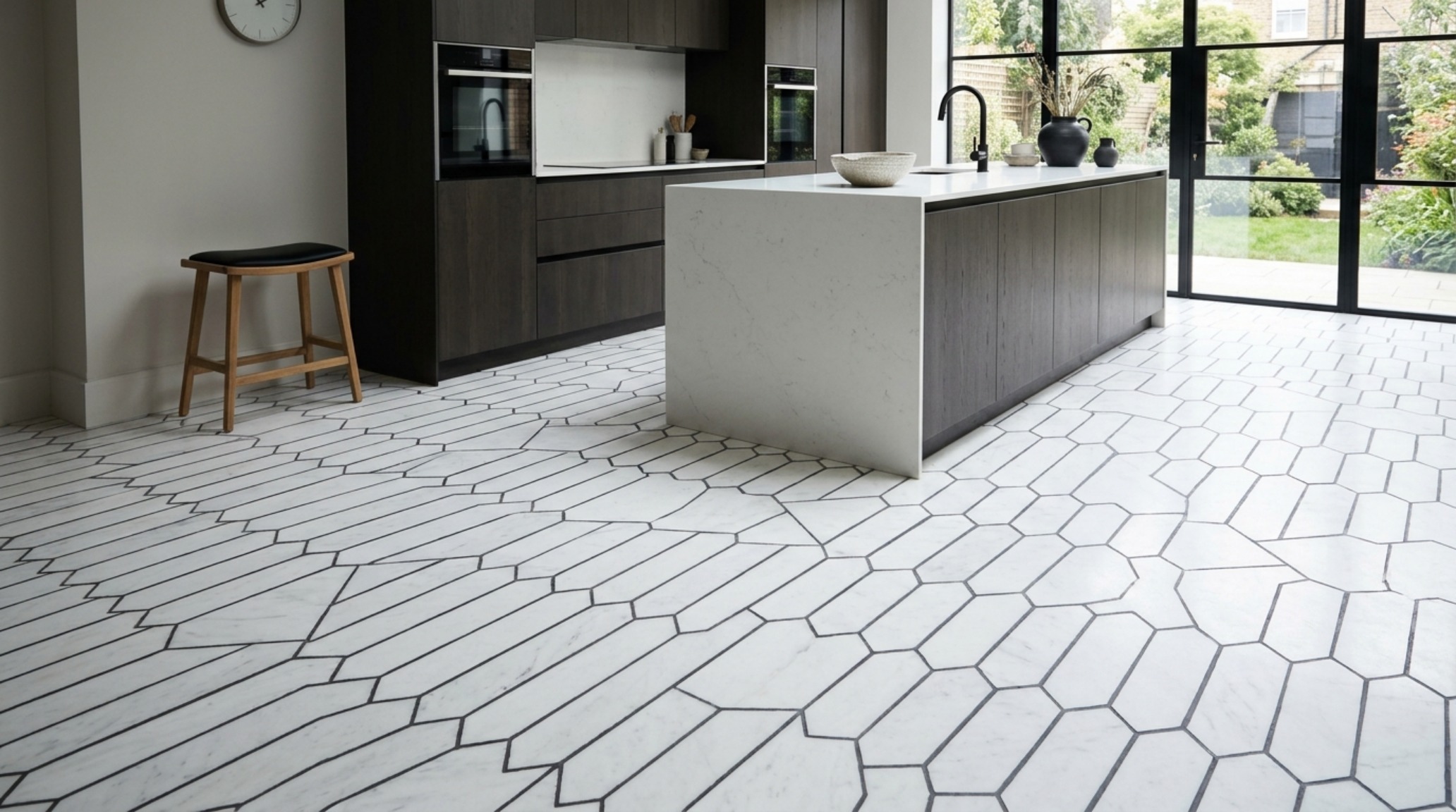Grout color trends for kitchen floors using a contrasting charcoal epoxy grout to define the geometric precision of a white marble picket-style floor layout.