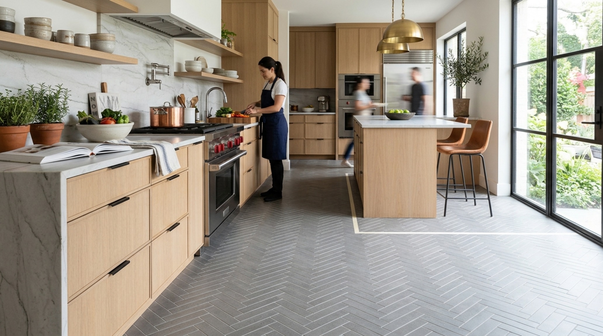 Best kitchen floor tiles for high traffic shown in a contemporary white oak kitchen with a durable matte porcelain herringbone pattern and 36-inch island clearance.