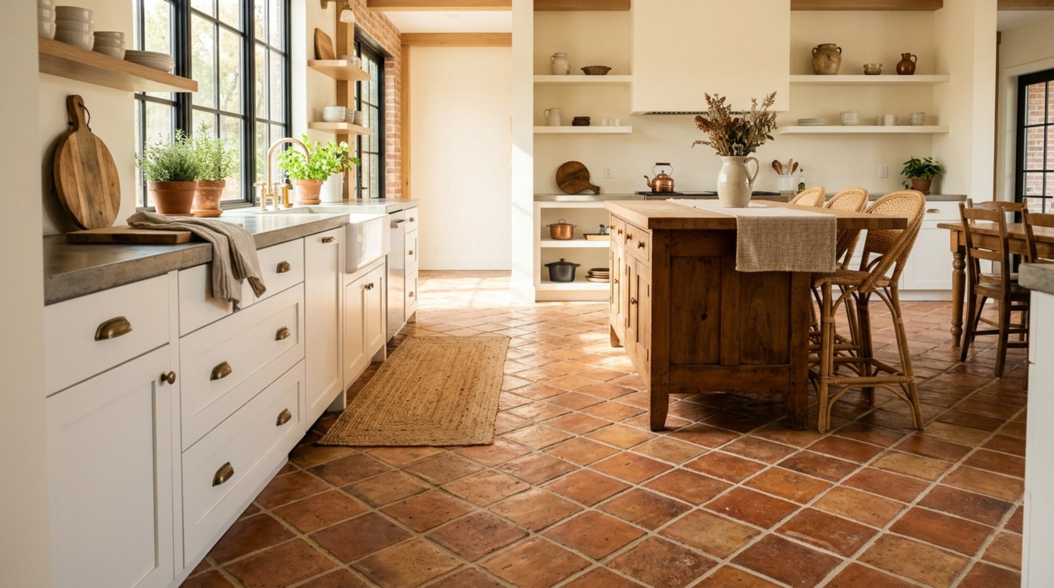 Modern farmhouse kitchen flooring ideas featuring reclaimed terracotta-look tiles in a 45-degree diagonal layout with warm wood cabinetry and natural sunlight.