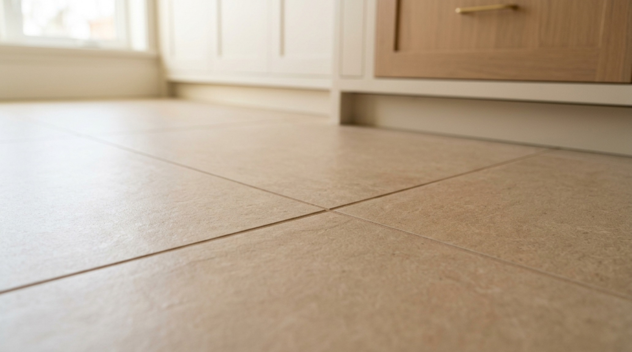 Grout color trends for kitchen floors showcasing tonal beige grout paired with travertine-effect tiles for a soft, cohesive floor plane and quiet luxury aesthetic.
