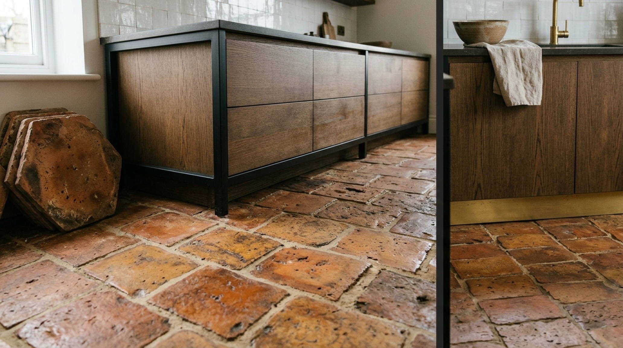 Terracotta floor tile restoration in a historic kitchen featuring deep ochre hues, hand-pressed textures, and modern minimalist cabinetry for a balanced look.