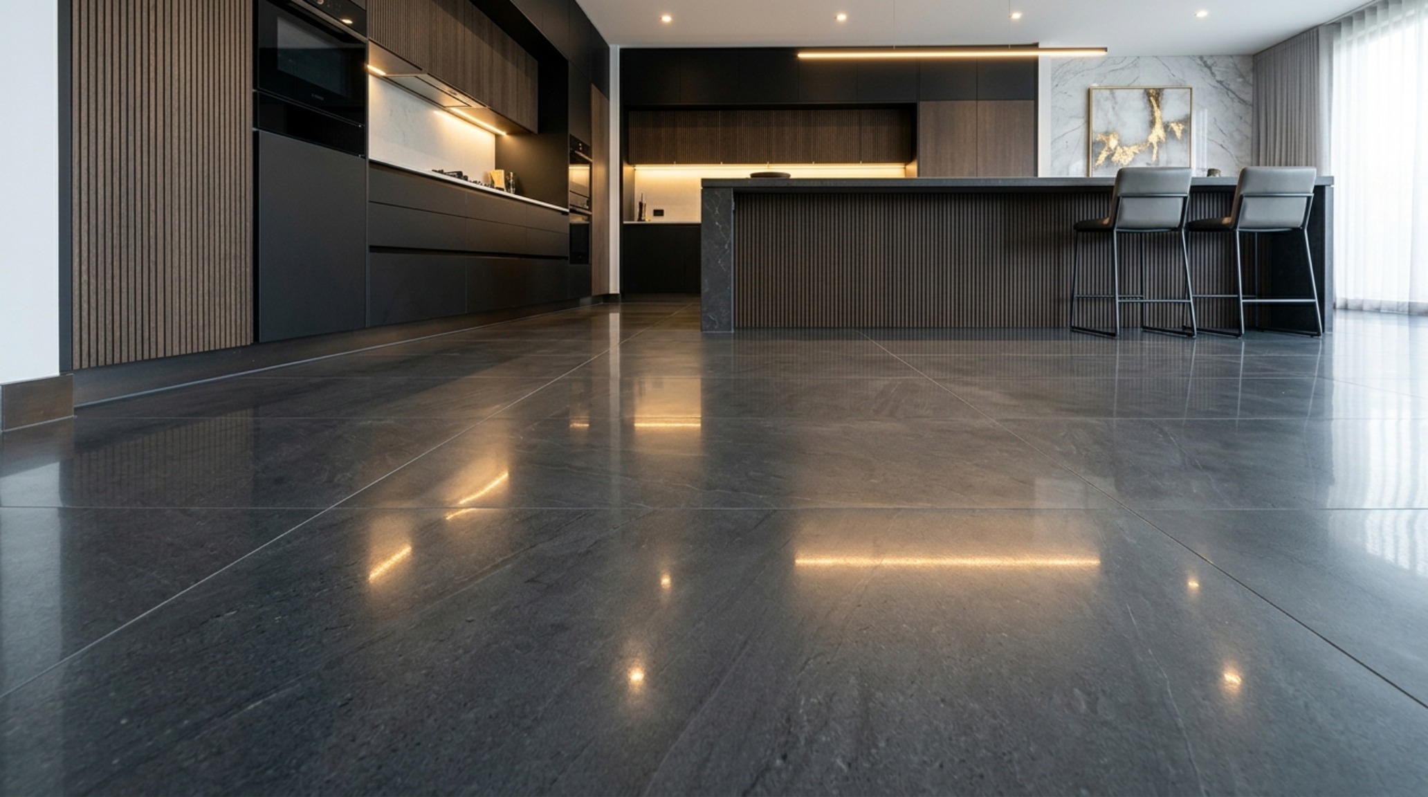 Large format porcelain floor slabs in a deep obsidian finish reflecting 2700K ambient lighting for a dramatic, high-end residential kitchen design.