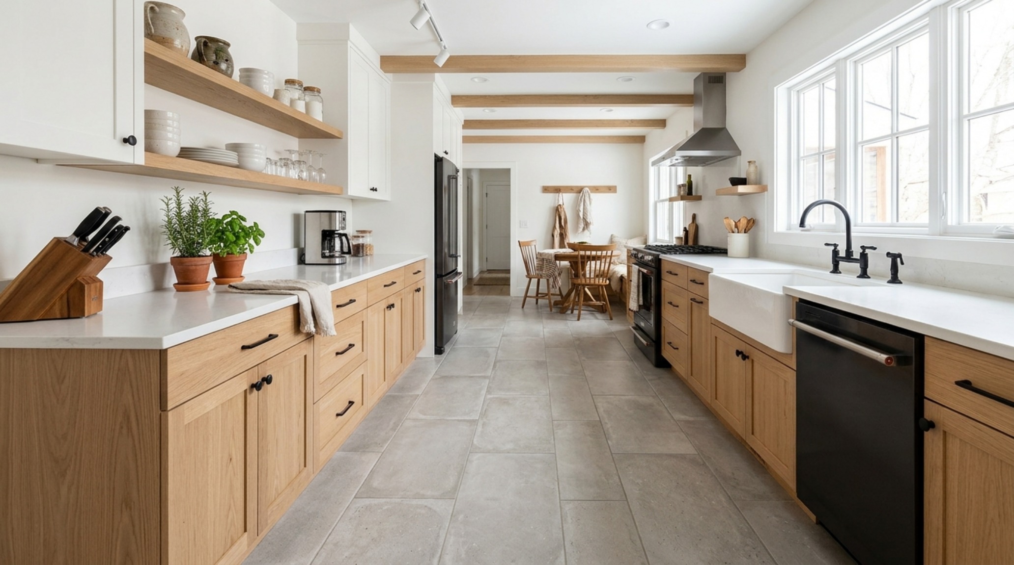 Modern farmhouse kitchen flooring ideas using oversized 24x24 square tiles in a offset bond pattern to visually expand a narrow galley kitchen footprint.