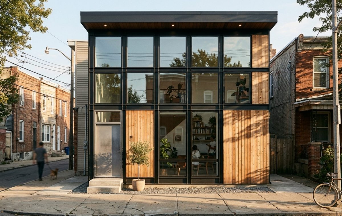 Modern inexpensive house plans for small lots featuring a modular glass and steel exterior with vertical cedar siding and a clean geometric grid.