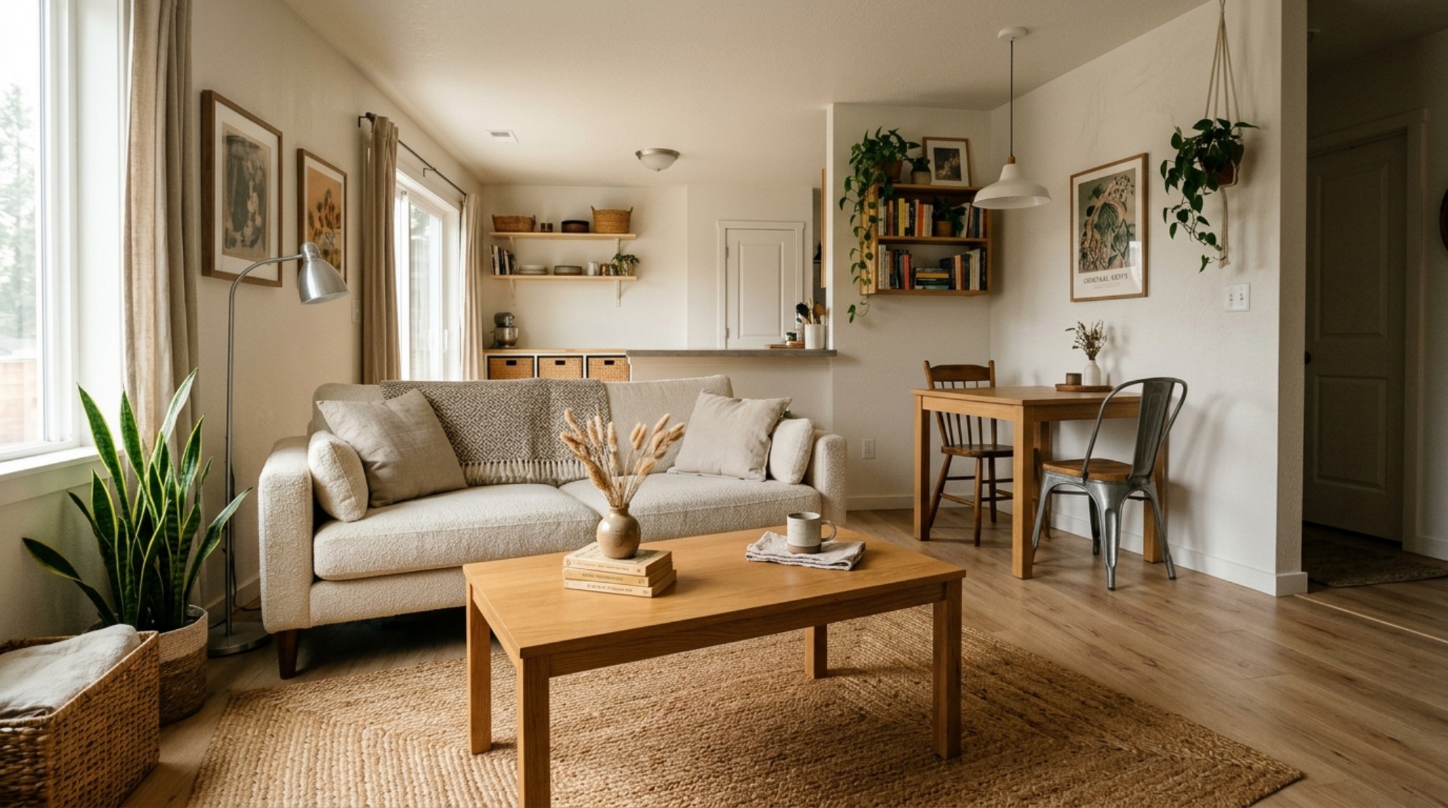Small house floor plans on a budget featuring a multi-functional studio space with 18-inch coffee table reach and integrated storage solutions.
