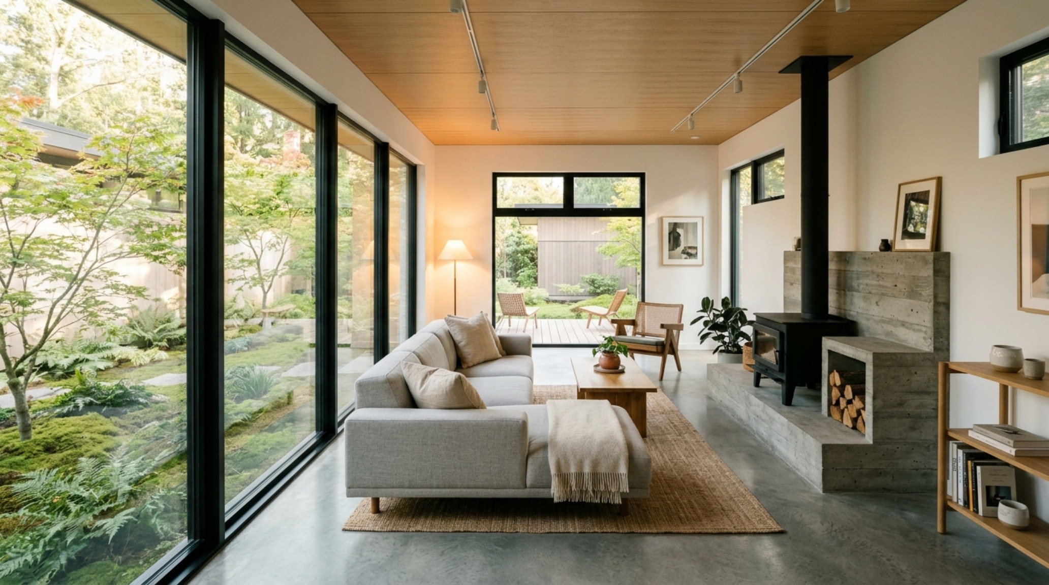 Small house floor plans on a budget demonstrating an open-concept living area with 36-inch clear circulation paths and polished concrete floors.