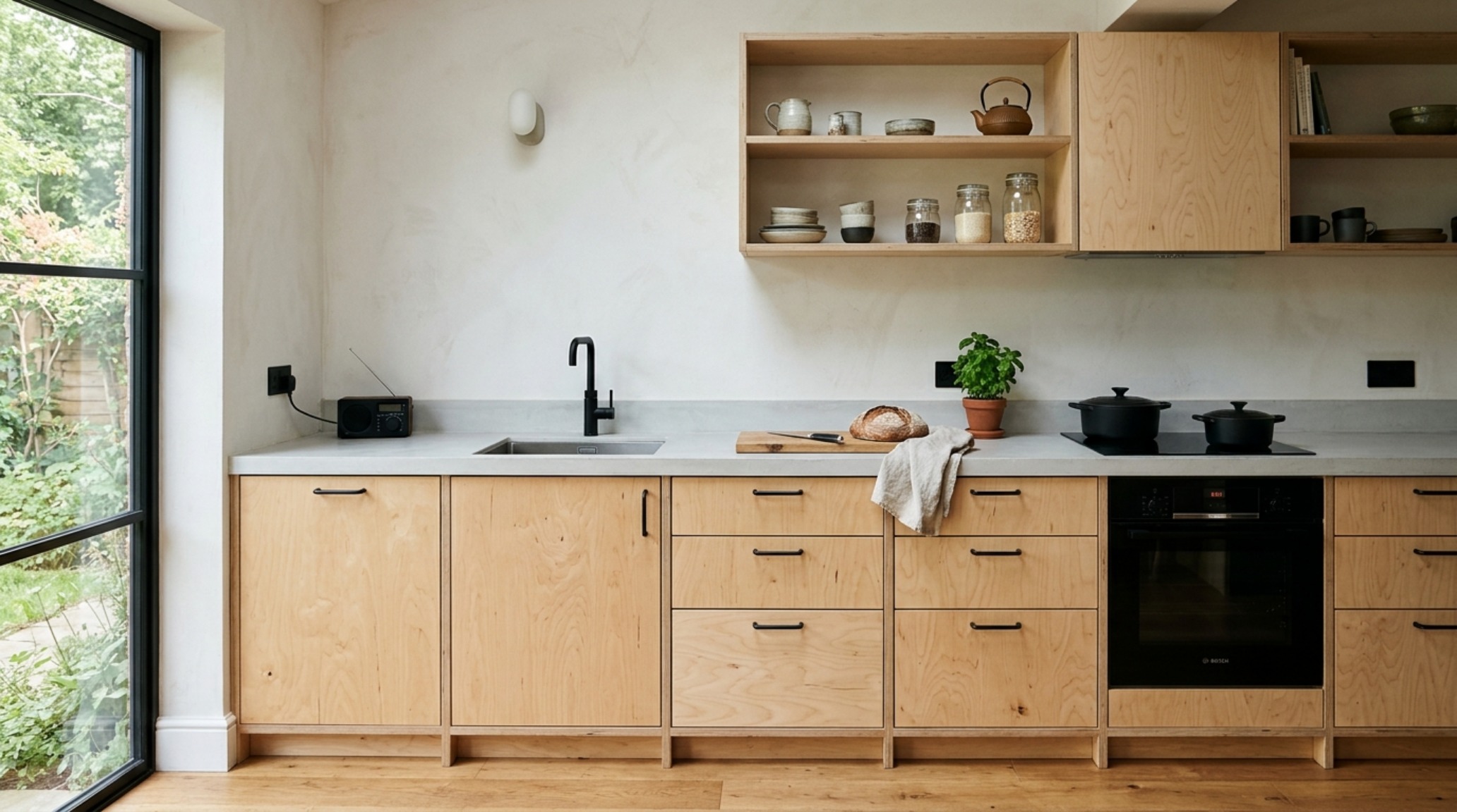Budget friendly home construction tips showcasing custom-built birch plywood kitchen cabinetry with matte black hardware and a micro-cement countertop.