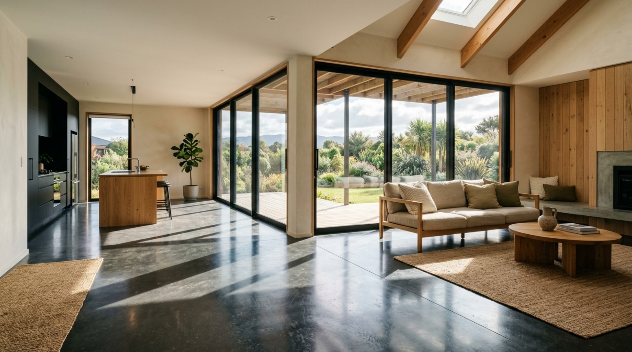 Inexpensive sustainable housing solutions highlighting passive solar design with floor-to-ceiling double-paned windows and a high-thermal-mass floor.
