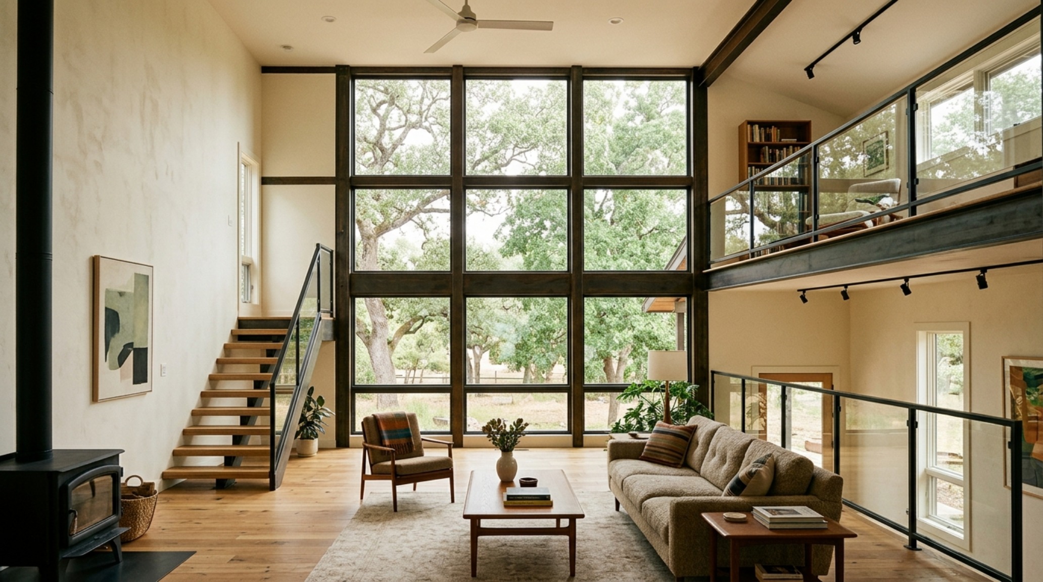 Modern inexpensive house plans for small lots showcasing a double-height void with modular window placement and a compact core staircase.