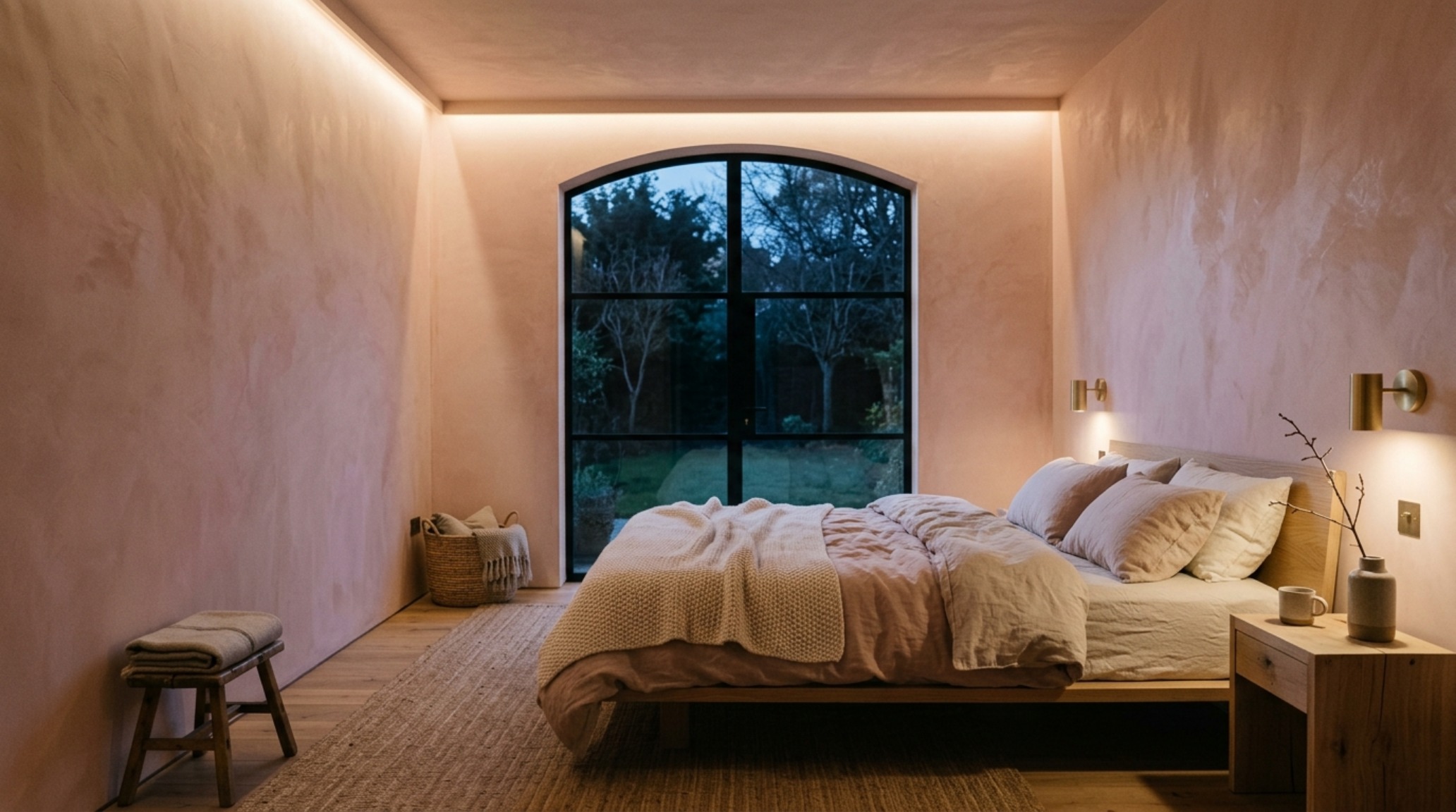 Budget friendly home construction tips including a low-profile master bedroom with Farrow & Ball Setting Plaster walls and 92+ CRI recessed lighting.