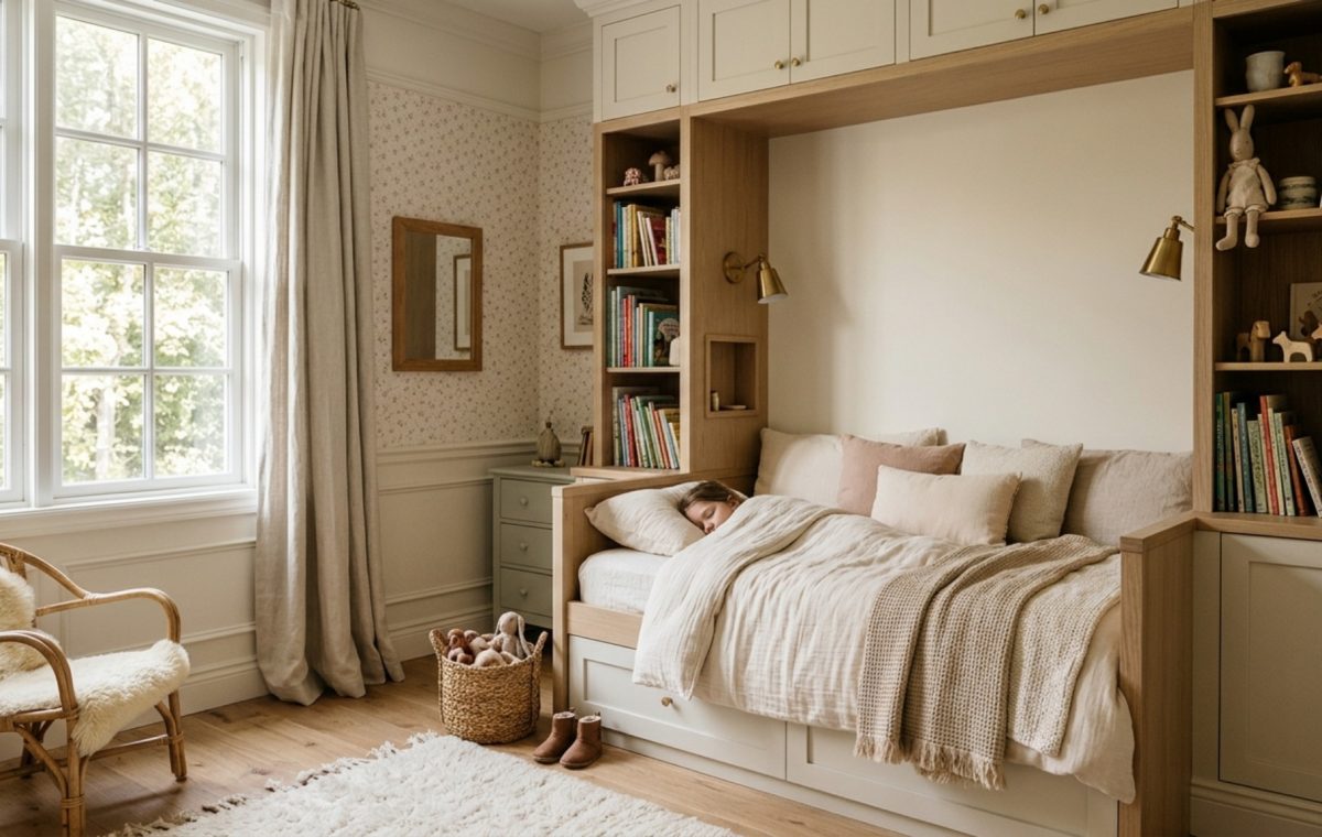 cute bedroom ideas for girls featuring a custom alcove bed with built-in bookshelves and integrated 2700K LED accent lighting
