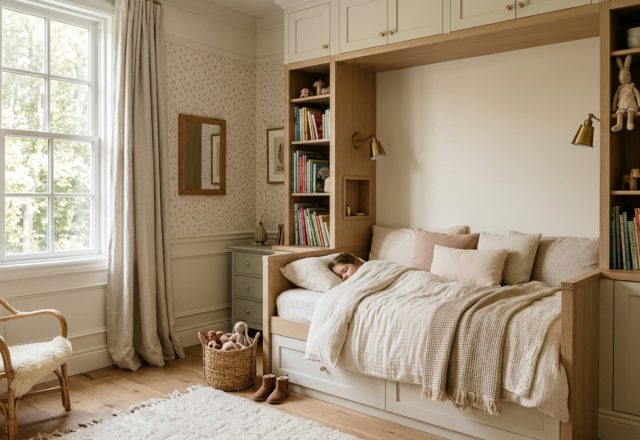cute bedroom ideas for girls featuring a custom alcove bed with built-in bookshelves and integrated 2700K LED accent lighting