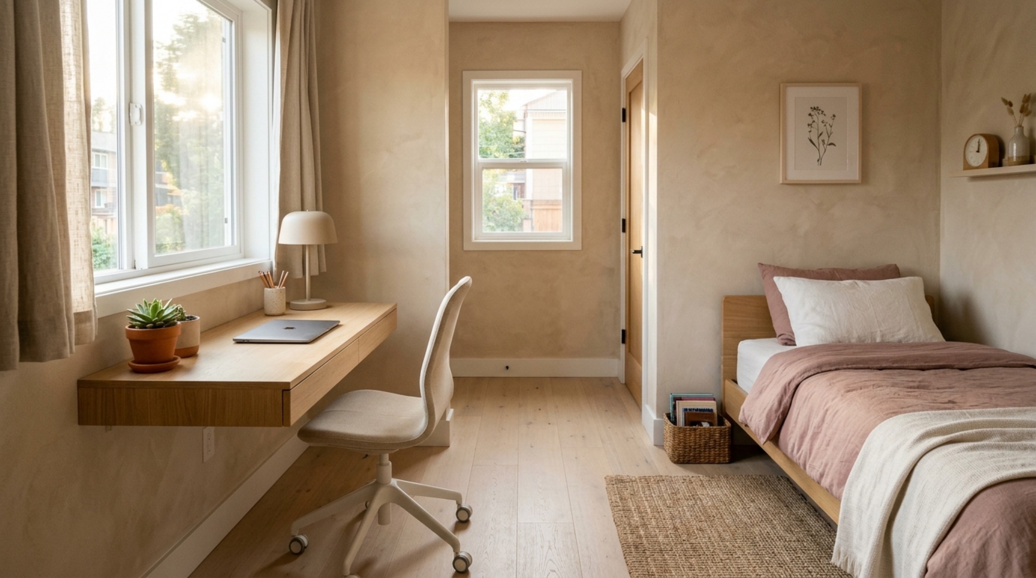 small bedroom ideas for girls showing a 36-inch walkway clearance and a floating white oak desk against a limewash wall small bedroom ideas for girls showing a 36-inch walkway clearance and a floating white oak desk against a limewash wall