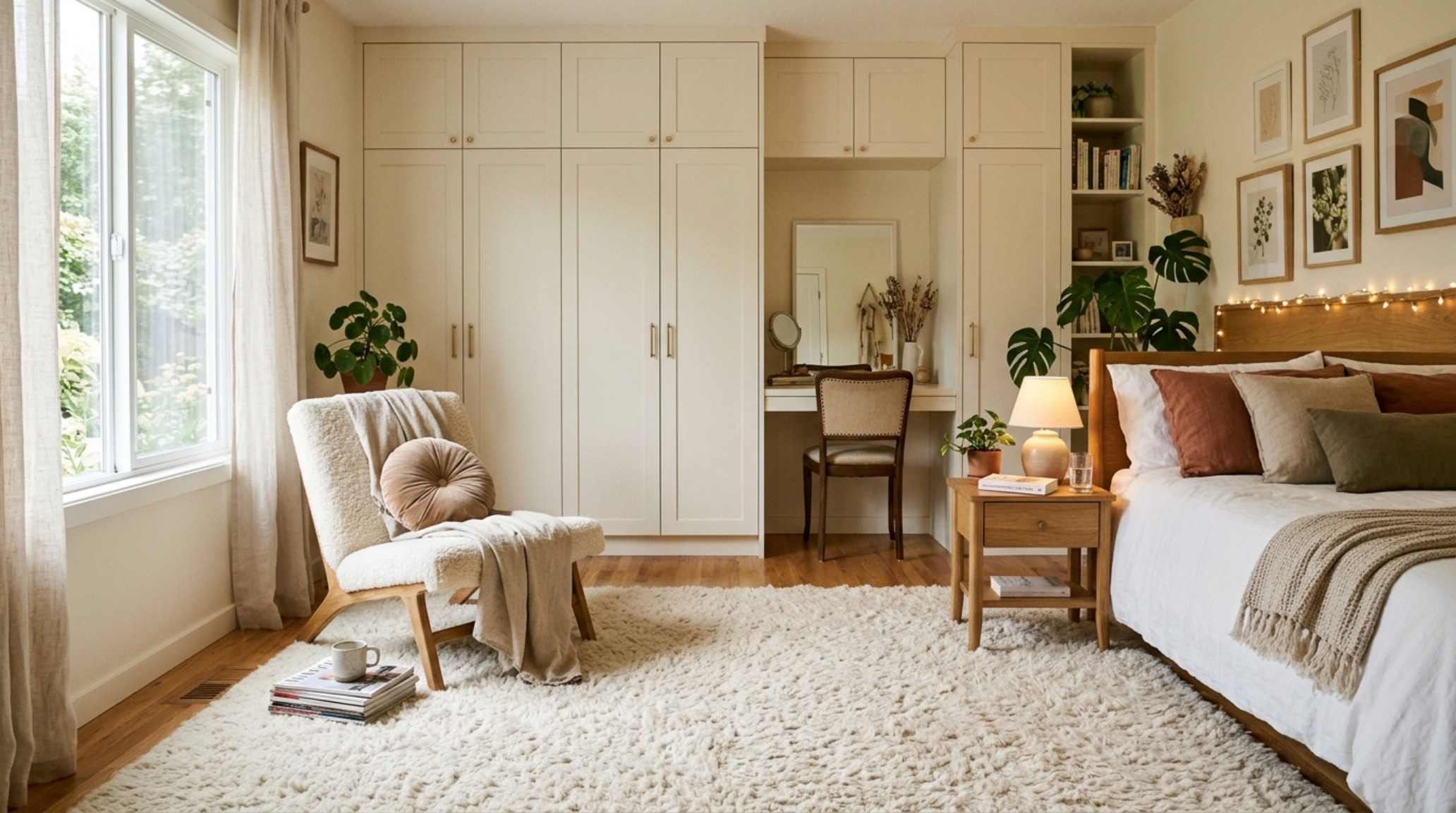 aesthetic bedroom decor for girls highlighting a high-pile wool rug and brass hardware on custom built-in cabinetry aesthetic bedroom decor for girls highlighting a high-pile wool rug and brass hardware on custom built-in cabinetry