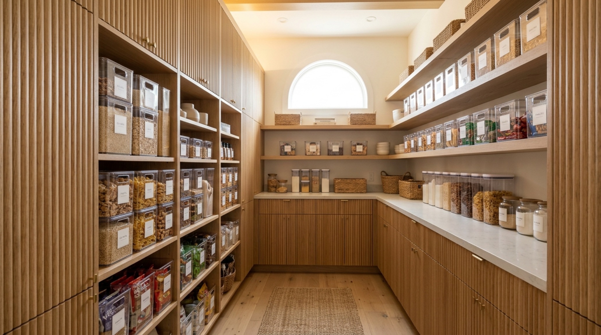 A wide-angle architectural shot of a narrow walk-in pantry featuring fluted white oak shelving and clear acrylic bins arranged with professional-chef precision. A wide-angle architectural shot of a narrow walk-in pantry featuring fluted white oak shelving and clear acrylic bins arranged with professional-chef precision.