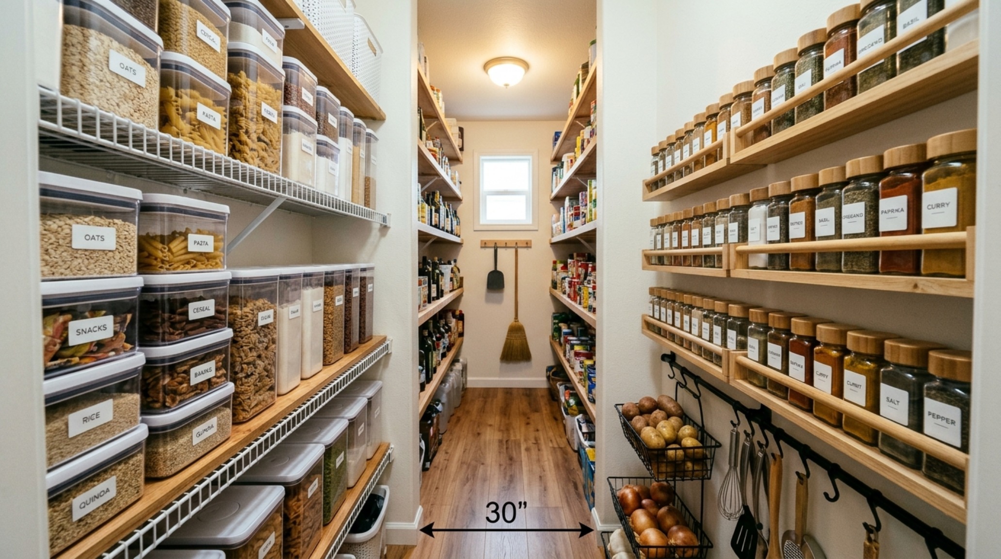 Perspective view of a small pantry layout showing the 30-inch circulation path and the balanced use of open and closed storage for ergonomic flow. Perspective view of a small pantry layout showing the 30-inch circulation path and the balanced use of open and closed storage for ergonomic flow.