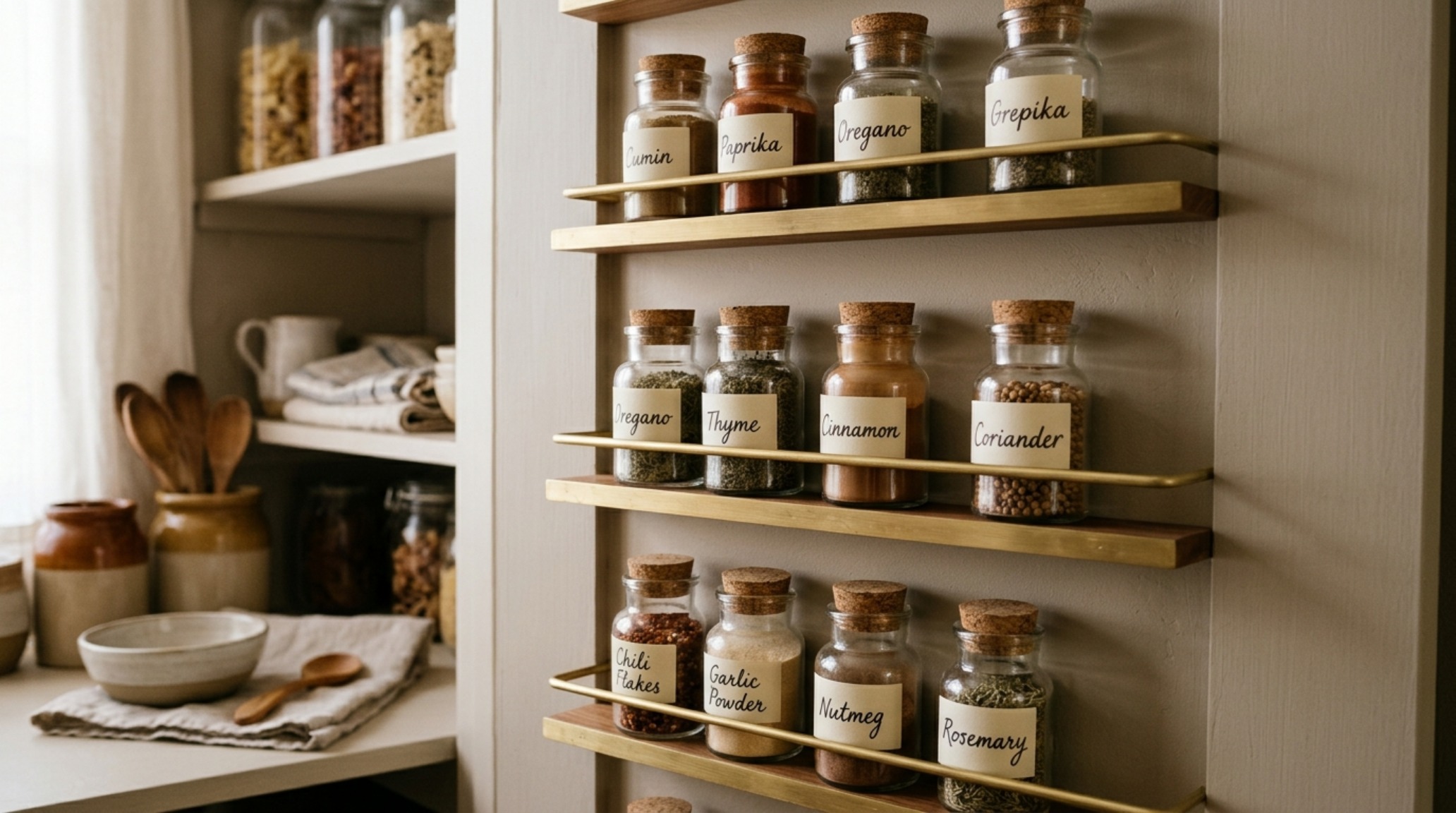 Detail shot of a custom pantry door spice rack solution with brushed brass rails and uniform glass jars against a Farrow & Ball Setting Plaster backdrop. Detail shot of a custom pantry door spice rack solution with brushed brass rails and uniform glass jars against a Farrow & Ball Setting Plaster backdrop.