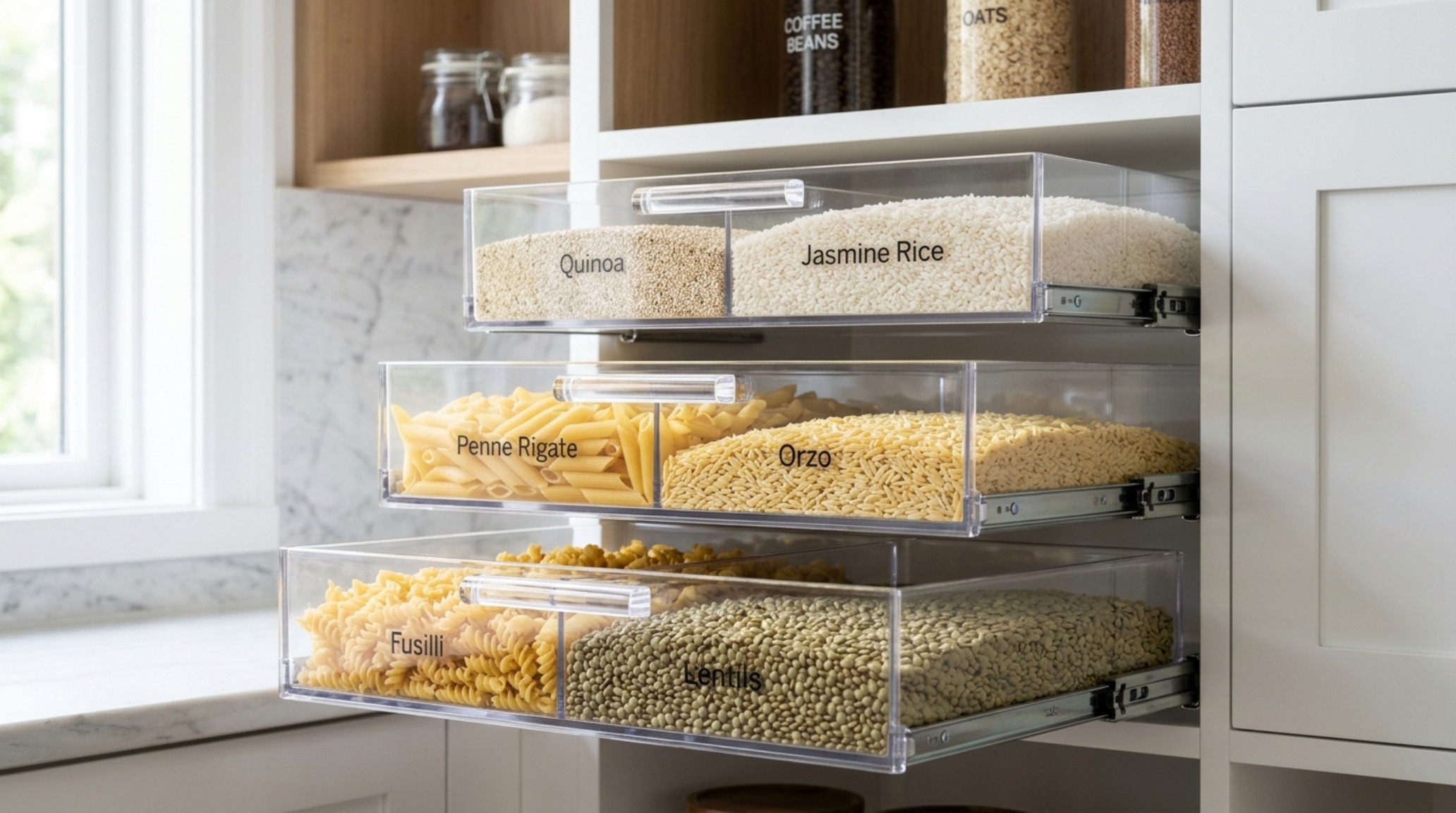 High-visibility clear acrylic pull-out bins in a custom kitchen pantry layout, showcasing decanted dry goods and depth-optimized storage. High-visibility clear acrylic pull-out bins in a custom kitchen pantry layout, showcasing decanted dry goods and depth-optimized storage.