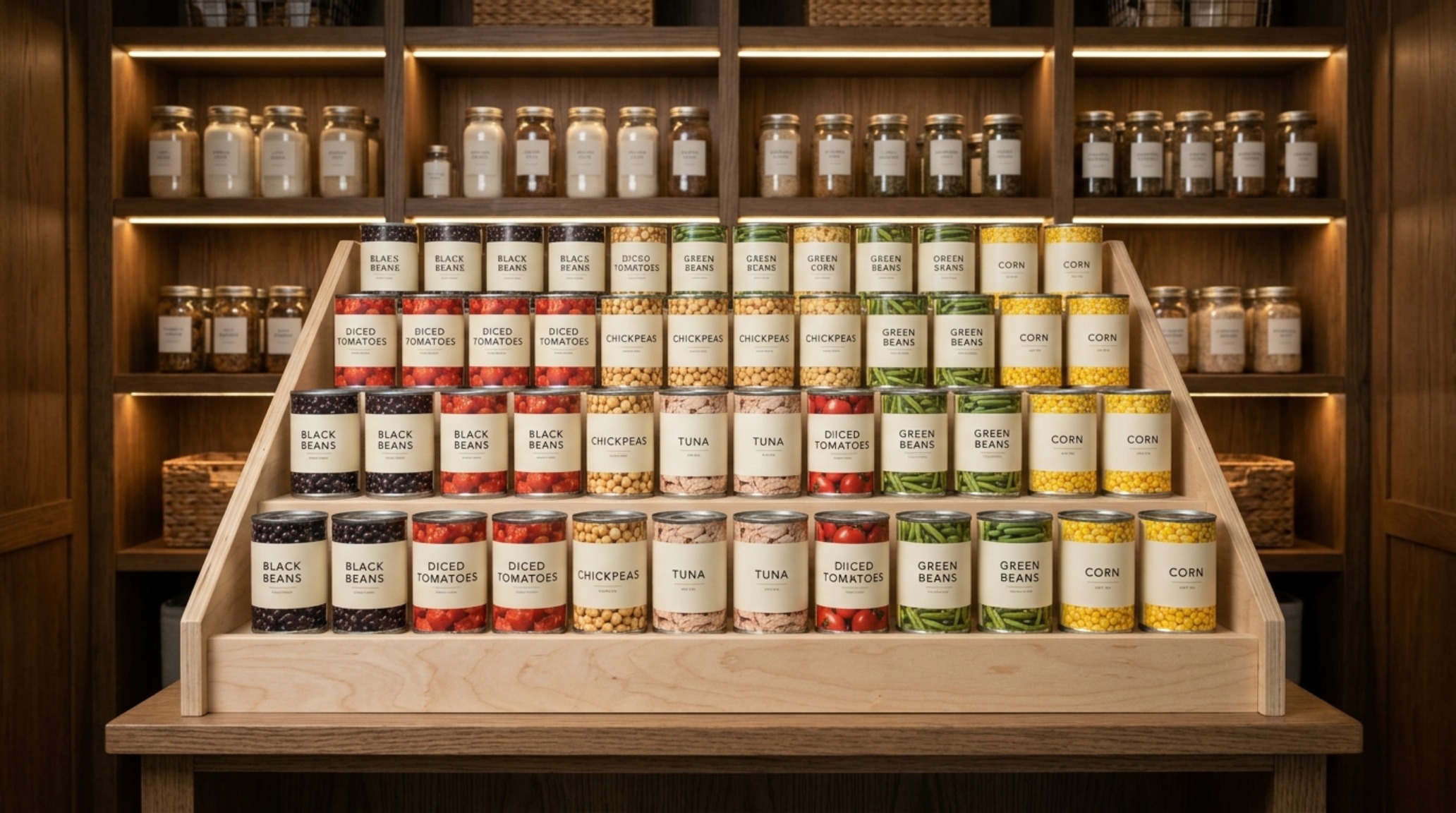 Tiered stadium-style shelving for canned goods in a small pantry, demonstrating high-density organization and zero-waste inventory management. Tiered stadium-style shelving for canned goods in a small pantry, demonstrating high-density organization and zero-waste inventory management.