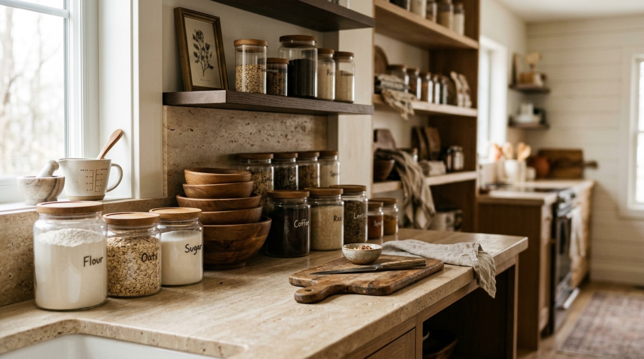 A minimalist food storage system featuring uniform glass canisters with wooden lids on a honed travertine countertop under 3000K warm task lighting. A minimalist food storage system featuring uniform glass canisters with wooden lids on a honed travertine countertop under 3000K warm task lighting.