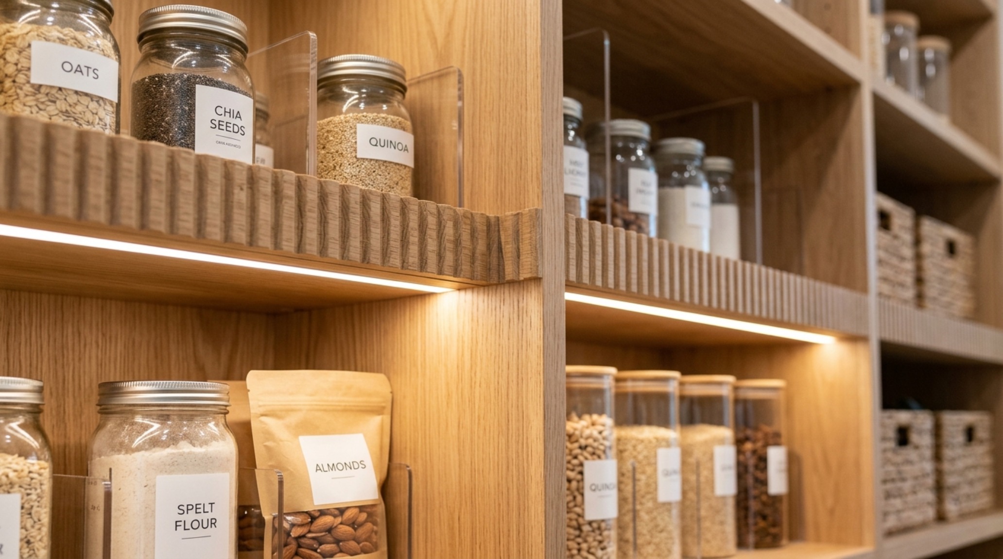 Close-up of integrated LED shelf lighting in a pantry, highlighting the crisp textures of woven baskets and the clarity of acrylic storage dividers. Close-up of integrated LED shelf lighting in a pantry, highlighting the crisp textures of woven baskets and the clarity of acrylic storage dividers.