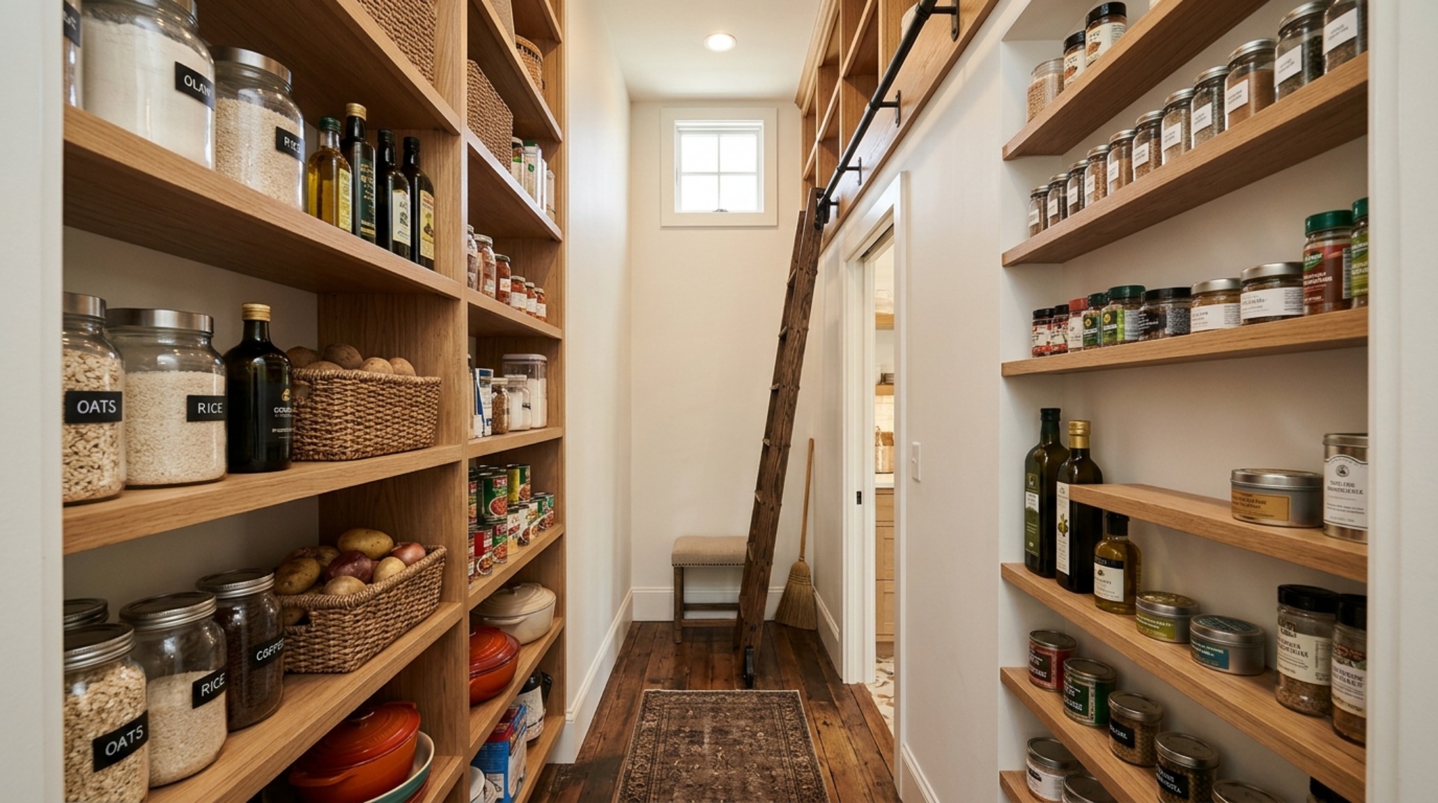 Vertical storage optimization in a narrow walk-in pantry with floor-to-ceiling custom shelving and a library ladder for upper-zone access. Vertical storage optimization in a narrow walk-in pantry with floor-to-ceiling custom shelving and a library ladder for upper-zone access.