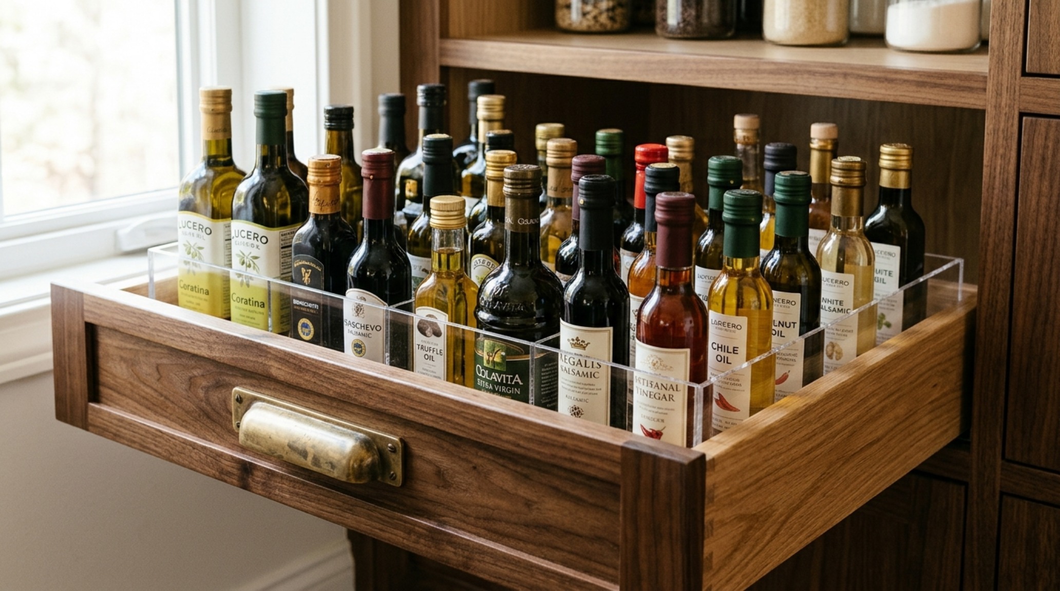 Professional-grade pantry drawer systems with adjustable acrylic partitions and unlacquered brass hardware for specialized tool storage. Professional-grade pantry drawer systems with adjustable acrylic partitions and unlacquered brass hardware for specialized tool storage.