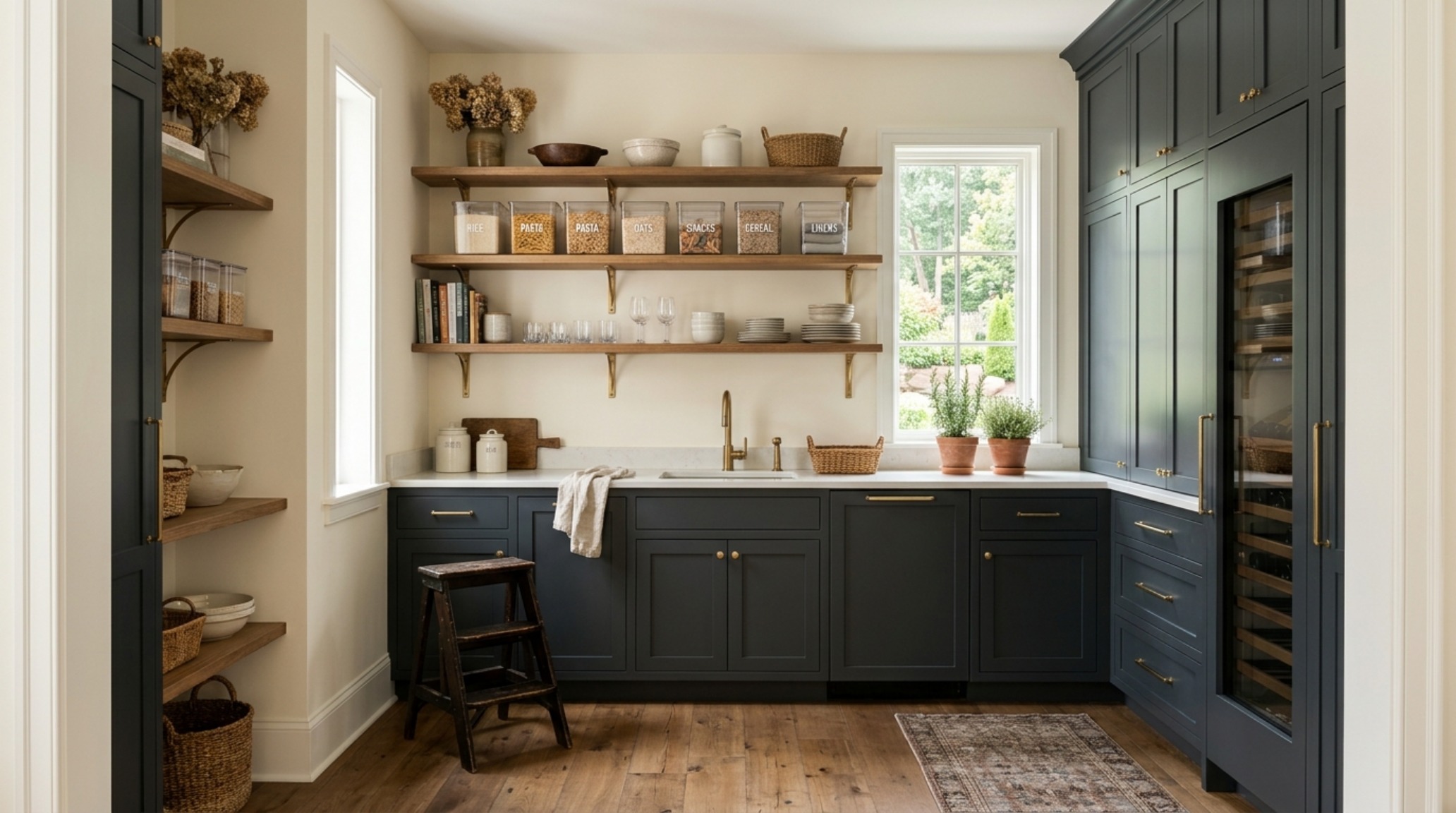 A curated 'Working Scullery' corner featuring a stone prep surface, open shelving, and a sophisticated color palette of warm alabaster and slate. A curated 'Working Scullery' corner featuring a stone prep surface, open shelving, and a sophisticated color palette of warm alabaster and slate.
