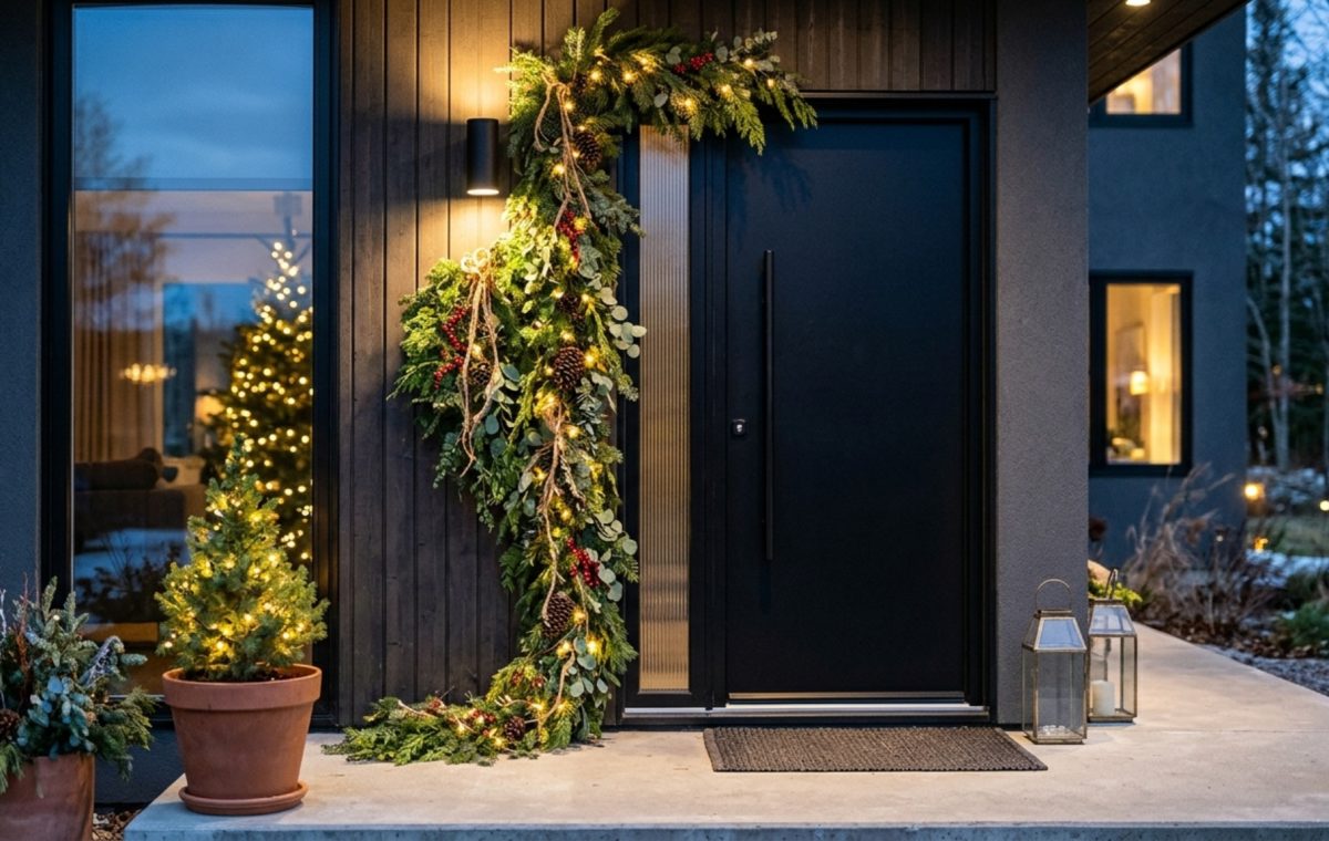 Asymmetrical holiday garland placement draped over a modern black pivot door with warm 2700K integrated lighting.
