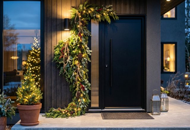 Asymmetrical holiday garland placement draped over a modern black pivot door with warm 2700K integrated lighting.