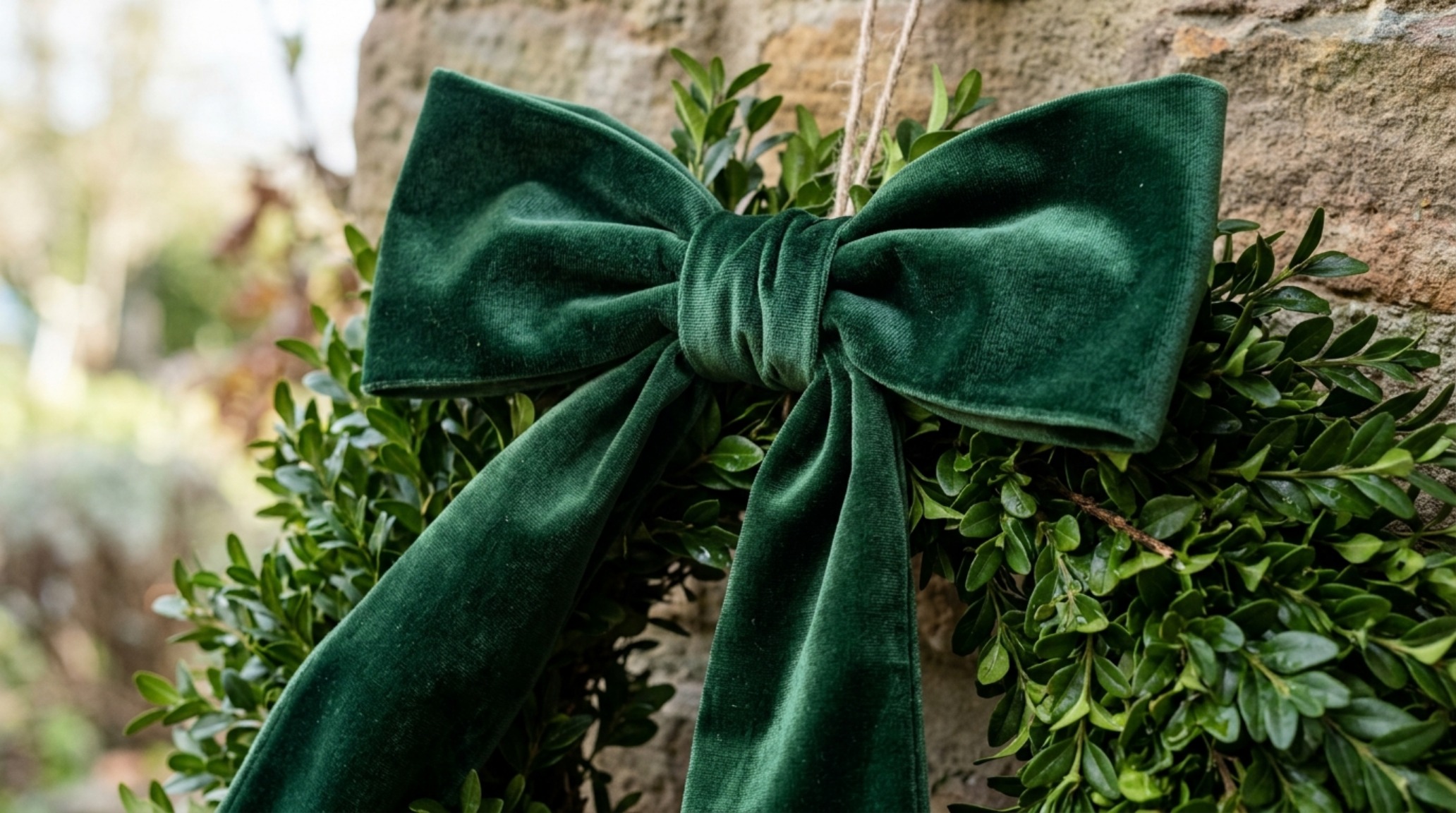 Oversized outdoor velvet bows for wreaths paired with brass bells and a minimalist pine hoop.