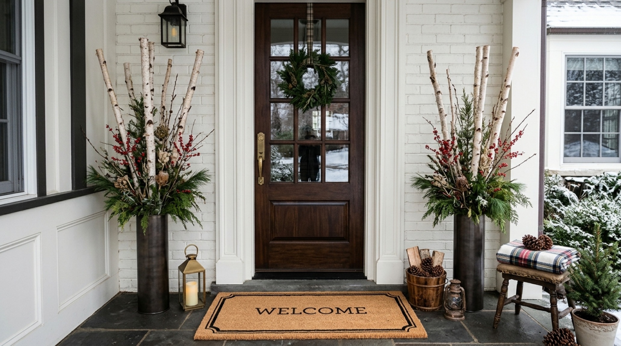Winter porch vignettes for small entries highlighting a layered doormat strategy and a single tall architectural planter.