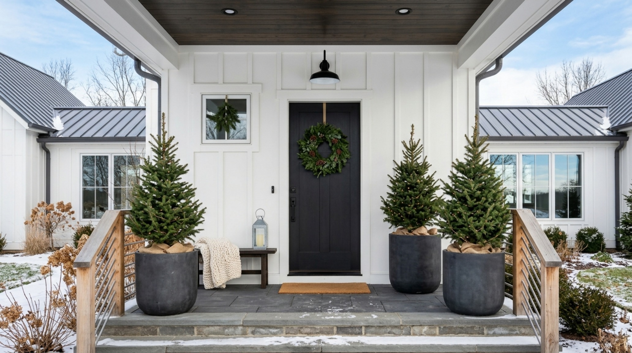 Modern farmhouse christmas porch styling featuring Benjamin Moore Swiss Coffee siding and charcoal fiberstone planters.