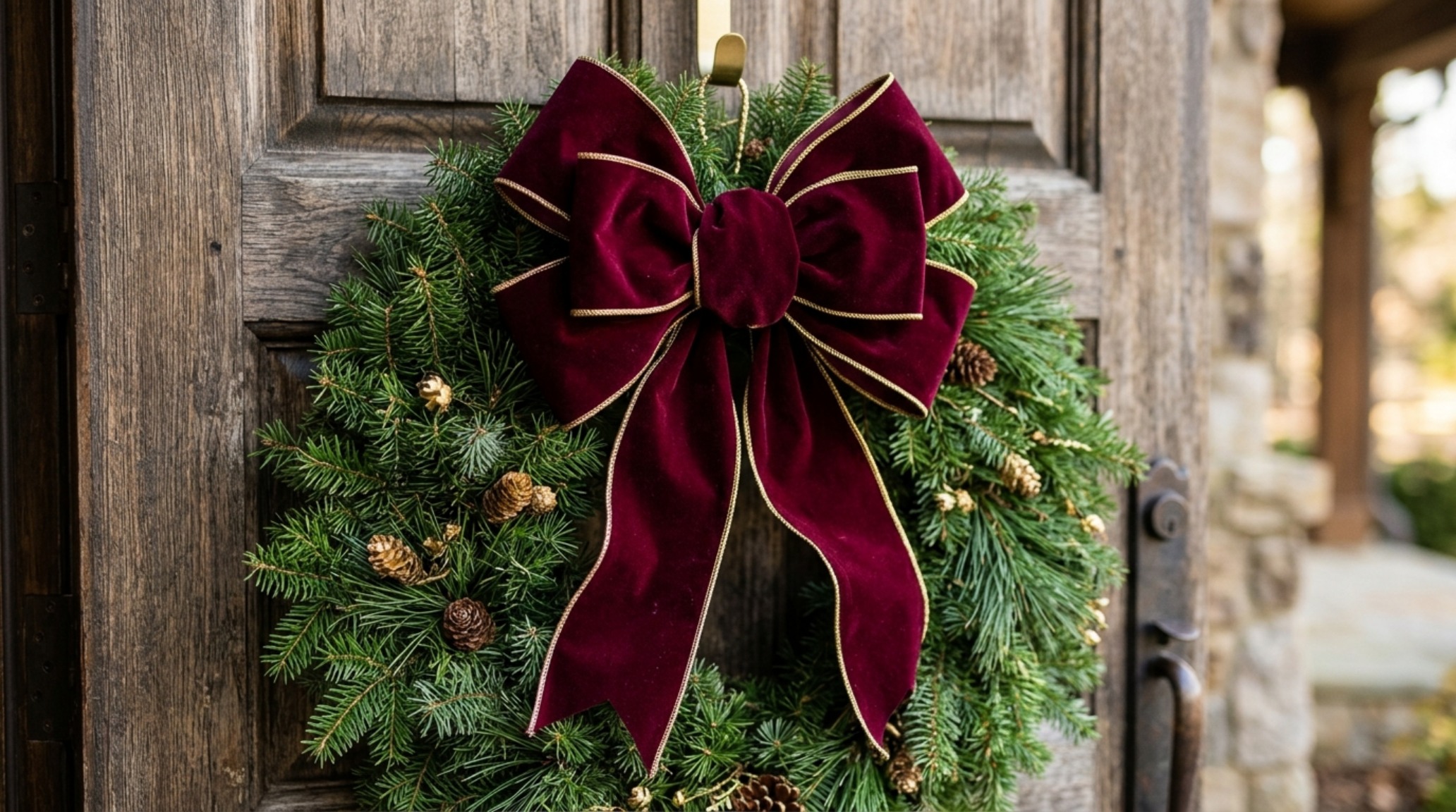 Oversized outdoor velvet bows for wreaths in a deep merlot hue, hanging from a natural cedar and pine cone arrangement.