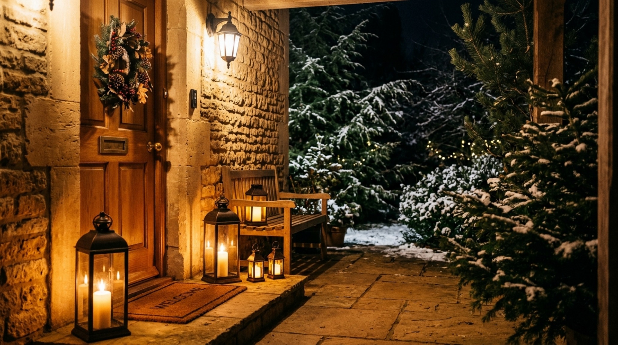 Battery-operated smart porch lighting illuminating a stone walkway with high CRI warm white LEDs at dusk.