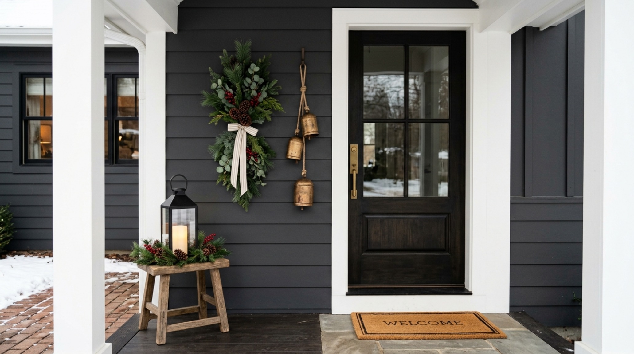Winter porch vignettes for small entries using vertical birch branches and slim-profile wall lanterns for space-saving elegance.
