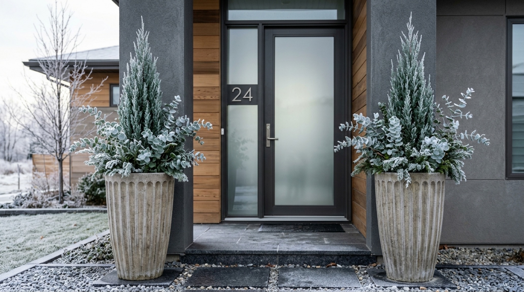Architectural evergreen planter ideas using tiered boxwood and trailing ivy in large weathered concrete vessels.